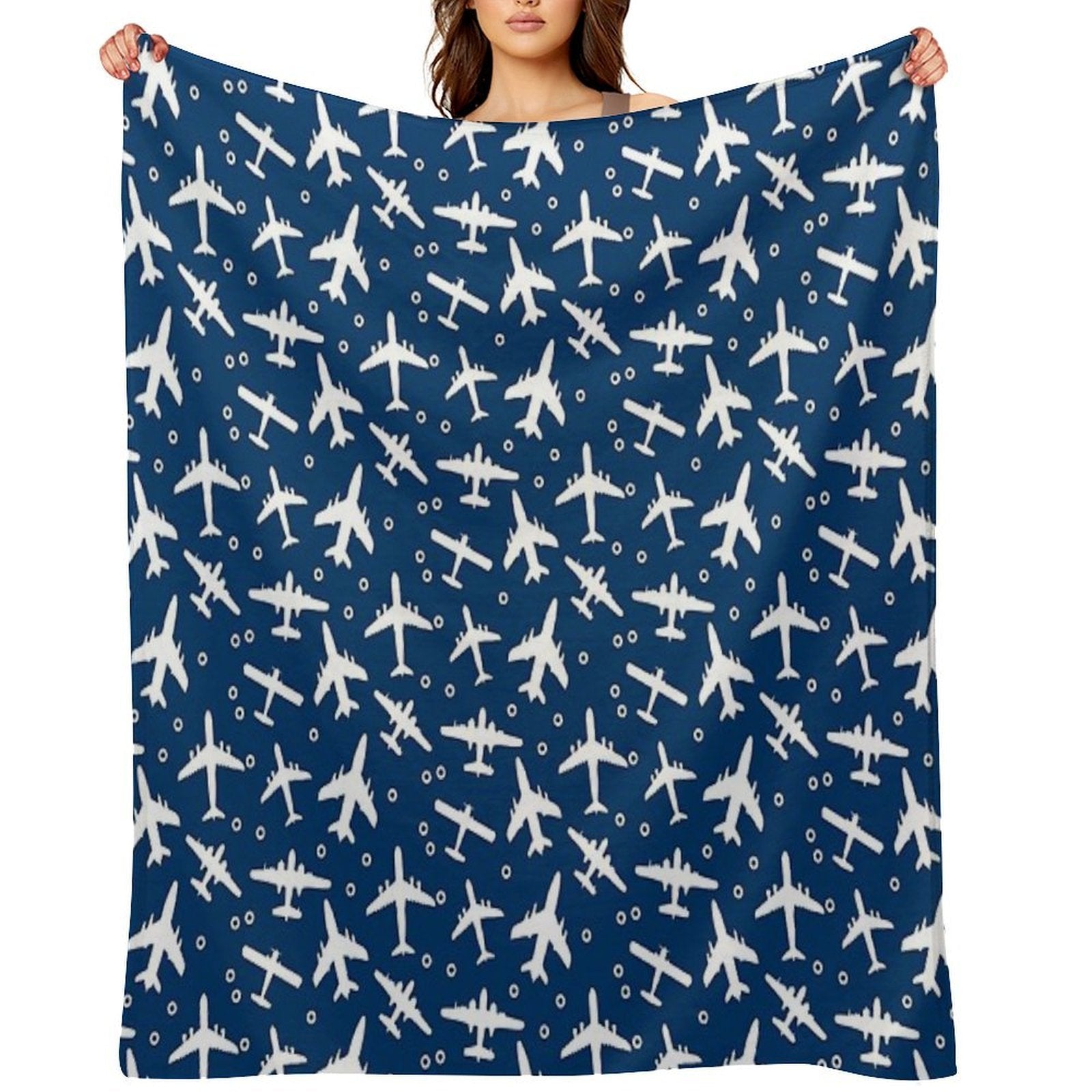 Blue And White Aeroplanes Silhouette Pattern Premium Throw Blanket
