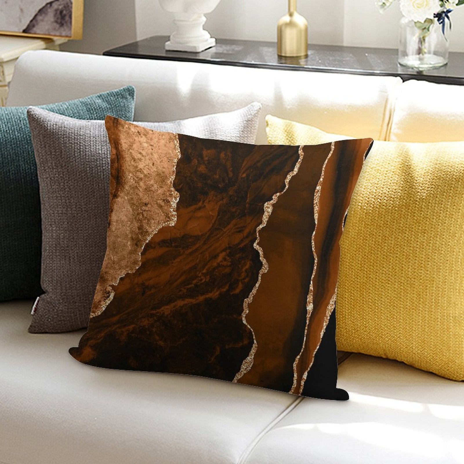 Abstract Chocolate Brown & Gold Modern Geode Agate Design Soft Hidden Zipper Throw Pillow