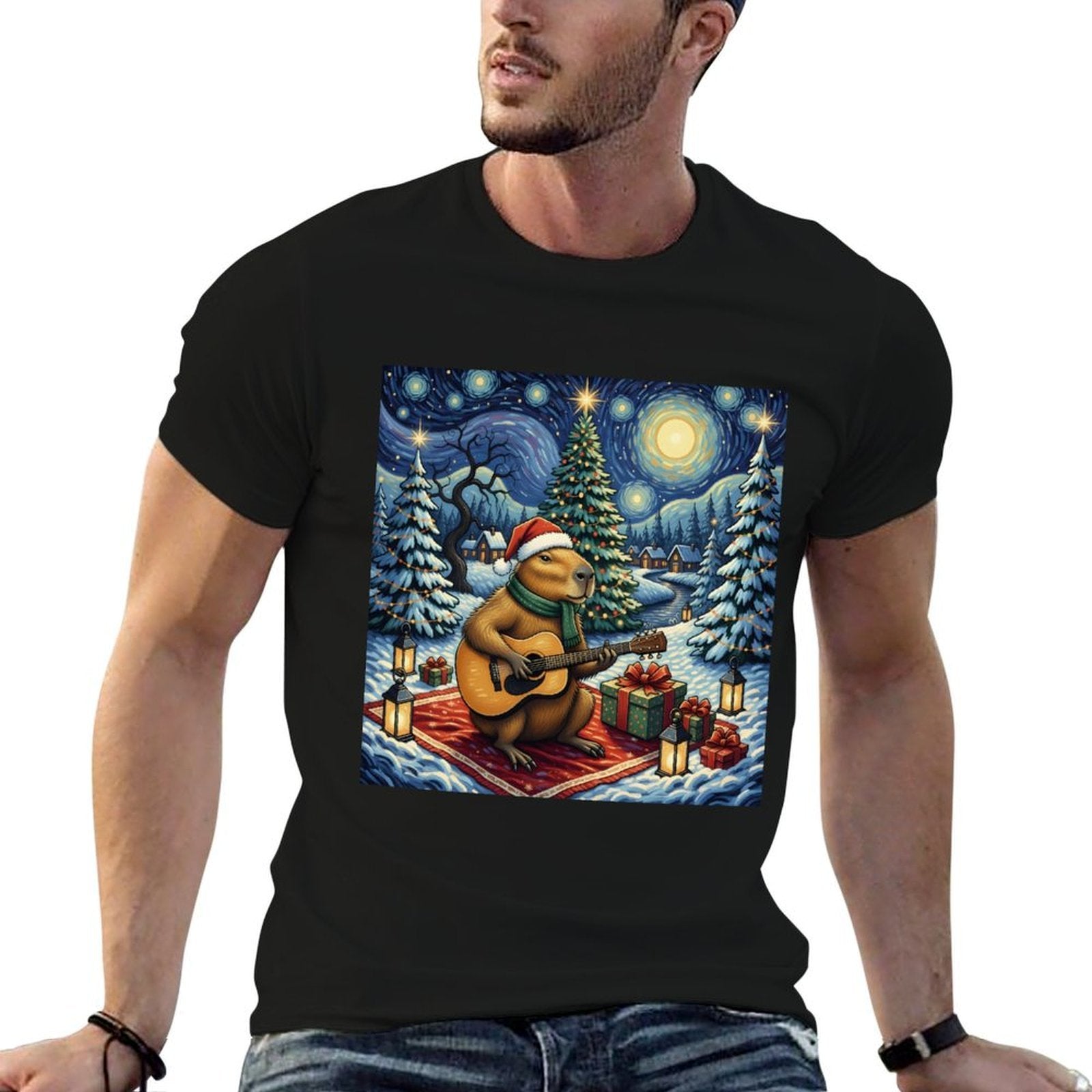 Capybara Playing The Guitar Van Gogh Style Christmas Themed  Relaxed-fit T-Shirt