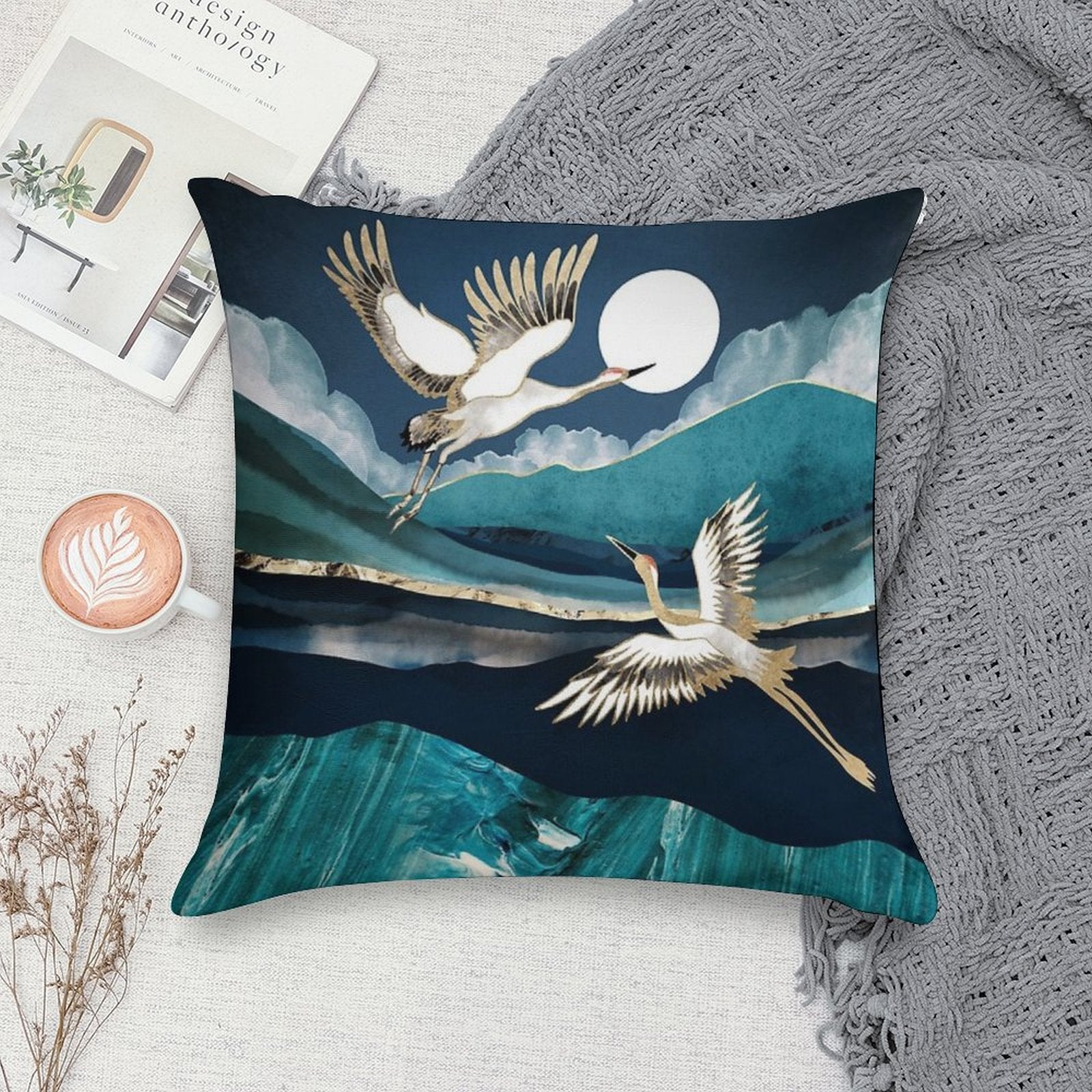 Midnight Cranes Soft Fade-Resistant Throw Pillow