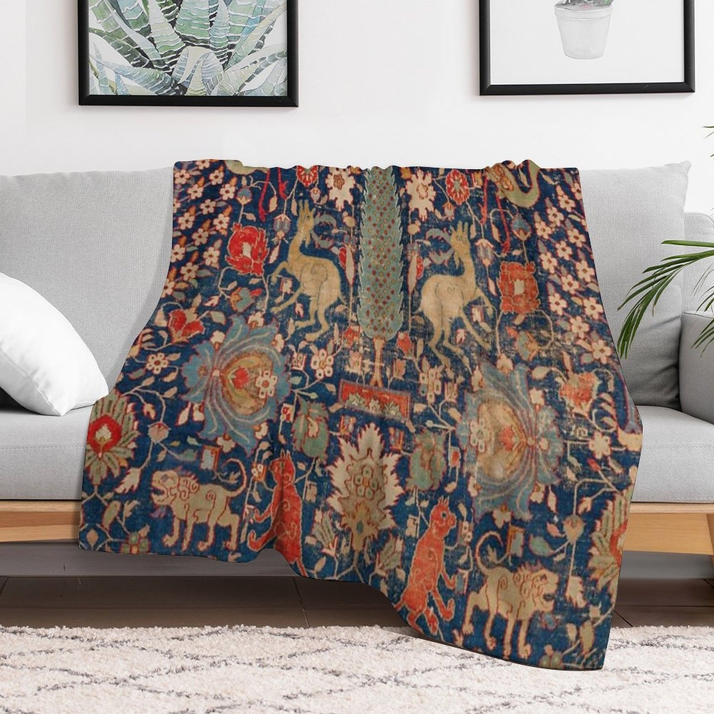 17th Century Persian Rug Print with Animals Quick-dry Throw Blanket
