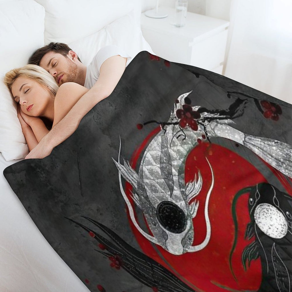 Japanese Ying Yang Koi Fish And Sakura Red & Gray Premium Throw Blanket