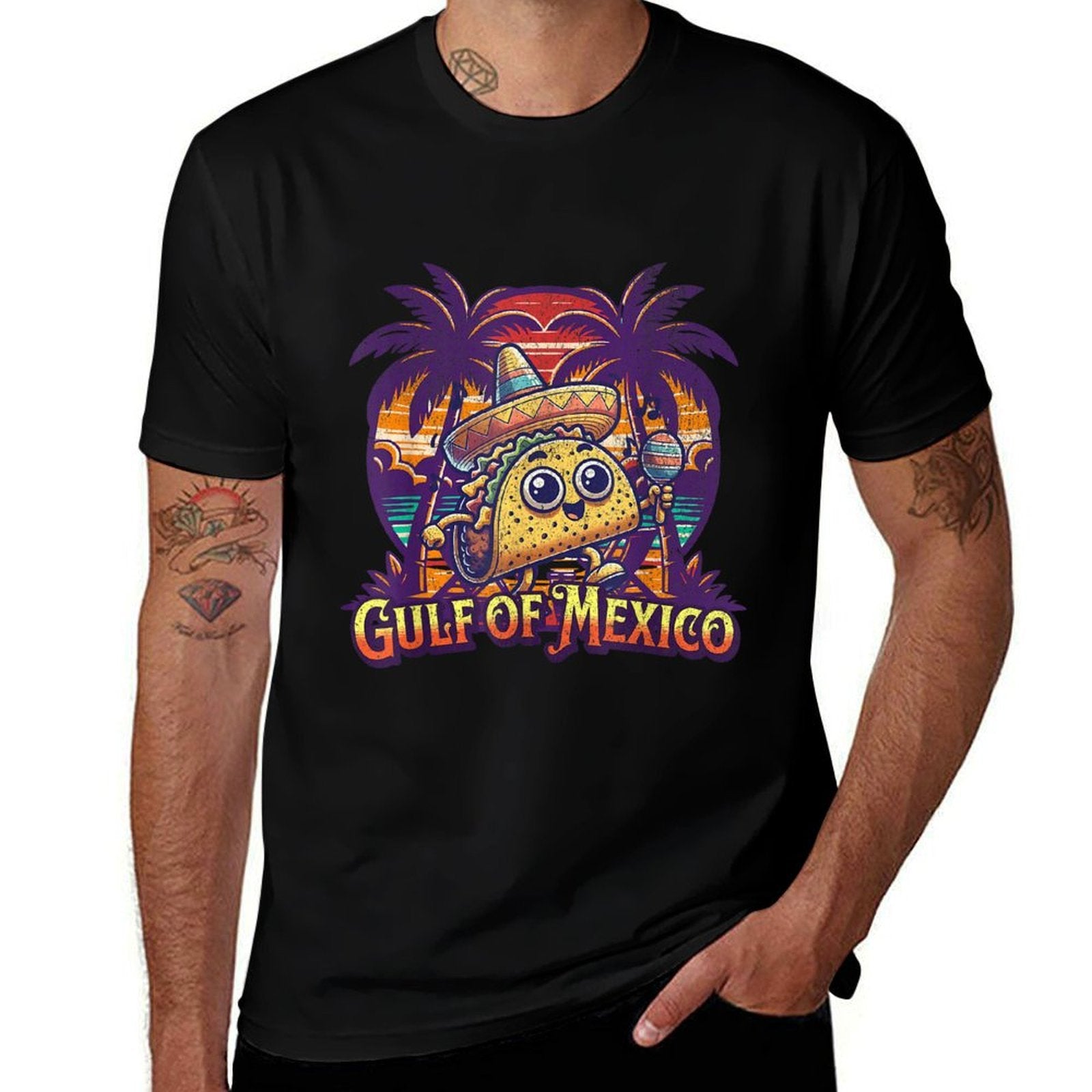 Gulf of Mexico with A Cute Mexican Cool Taco Illustration  Heathered Texture T-Shirt