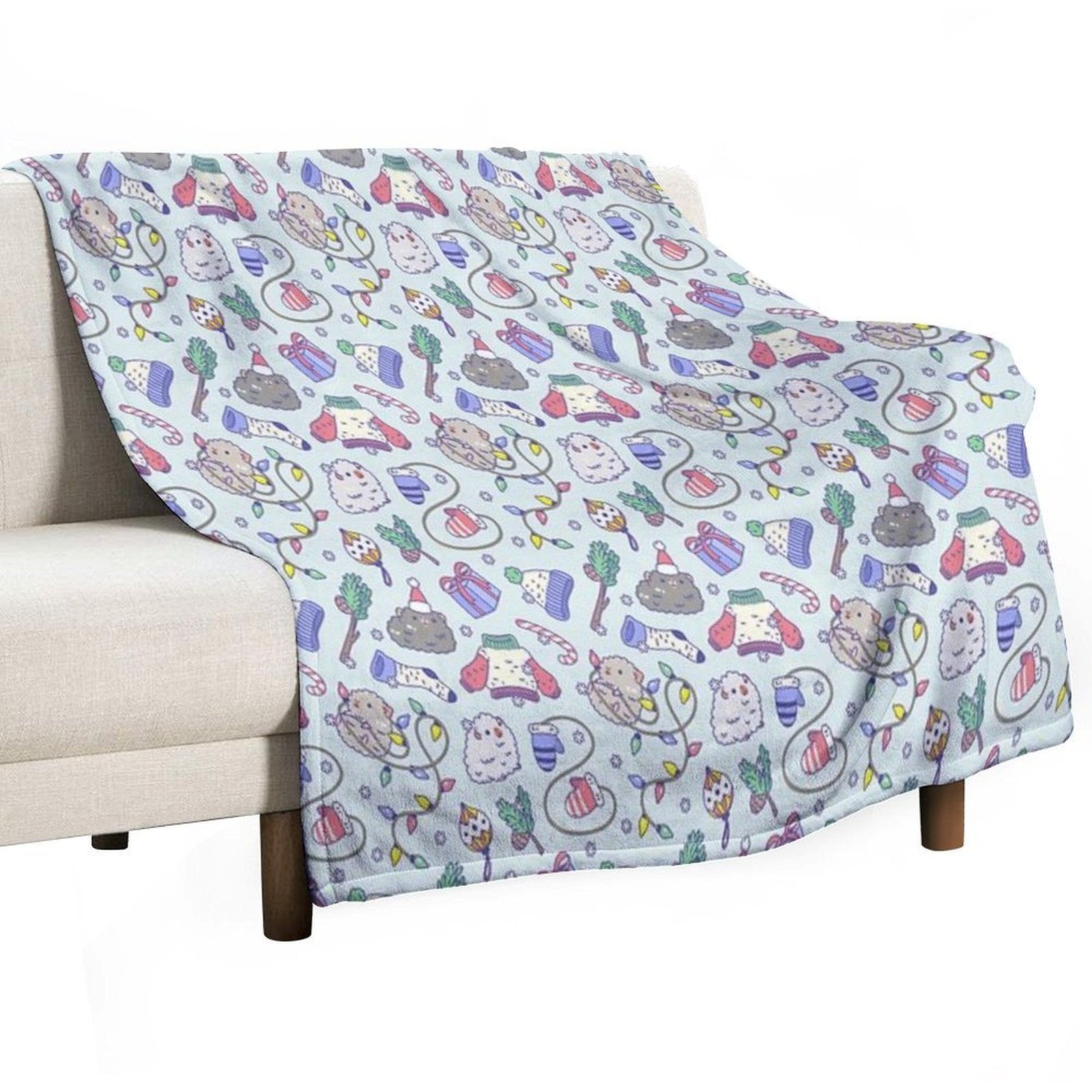 Teddy Guinea Pigs Christmas Patten in Mint Green Background Easy Care Throw Blanket
