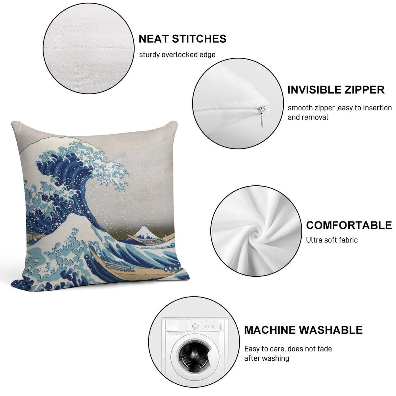 Under The Wave Off Kanagawa - The Great Wave - Katsushika Hokusai Soft Short Plush Fabric Throw Pillow