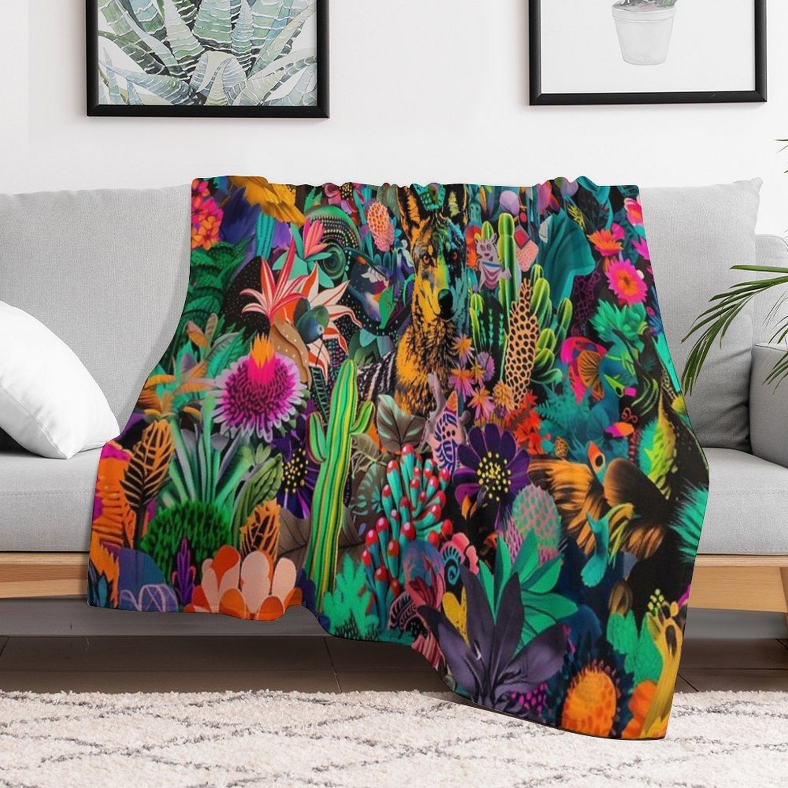 Vibrant Coyote Collage Art in A Botanical Wonderland Versatility Throw Blanket