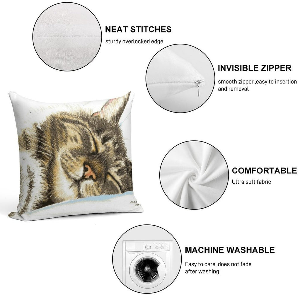 Sleeping Tabby Cat Soft Washable Throw Pillow