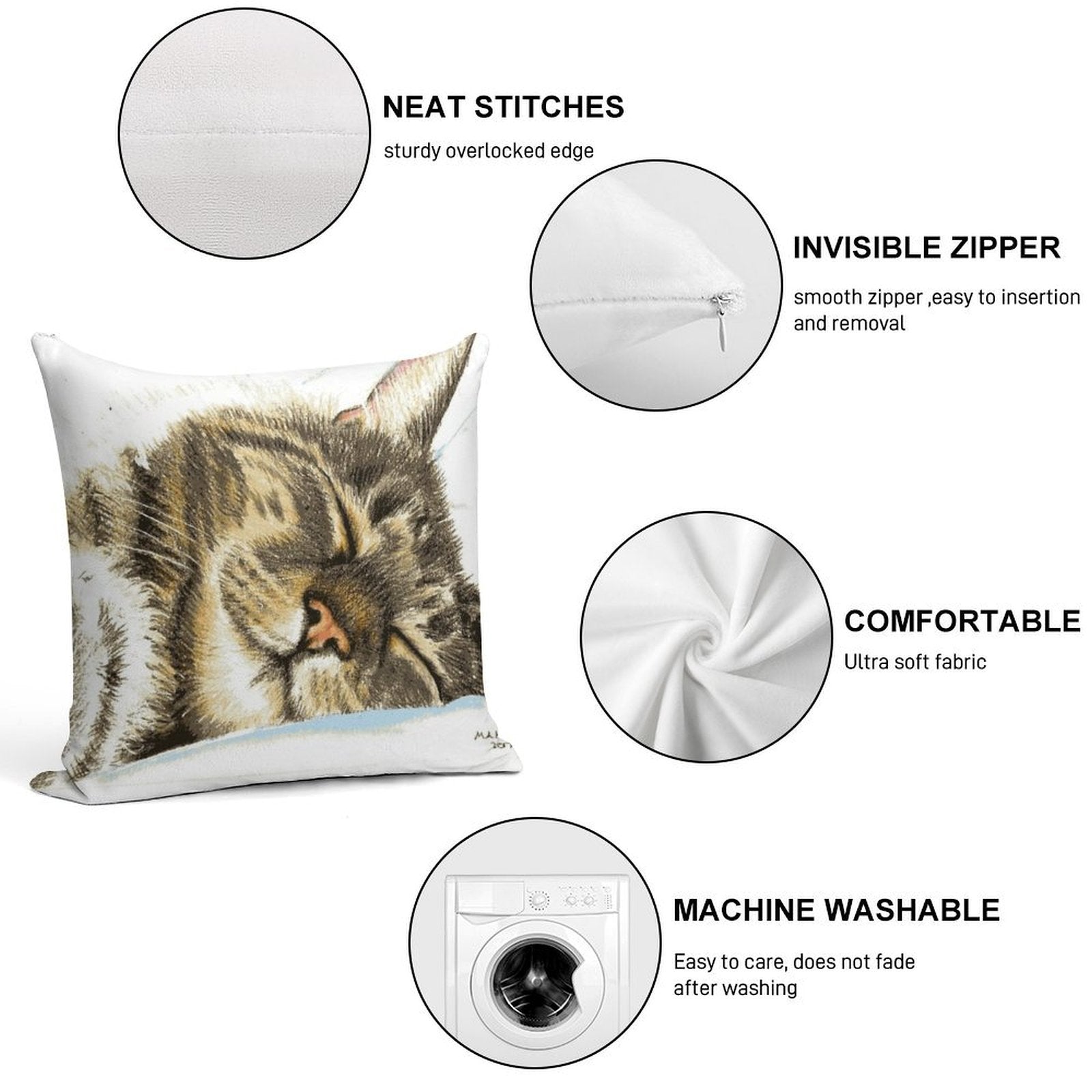 Sleeping Tabby Cat Soft Washable Throw Pillow