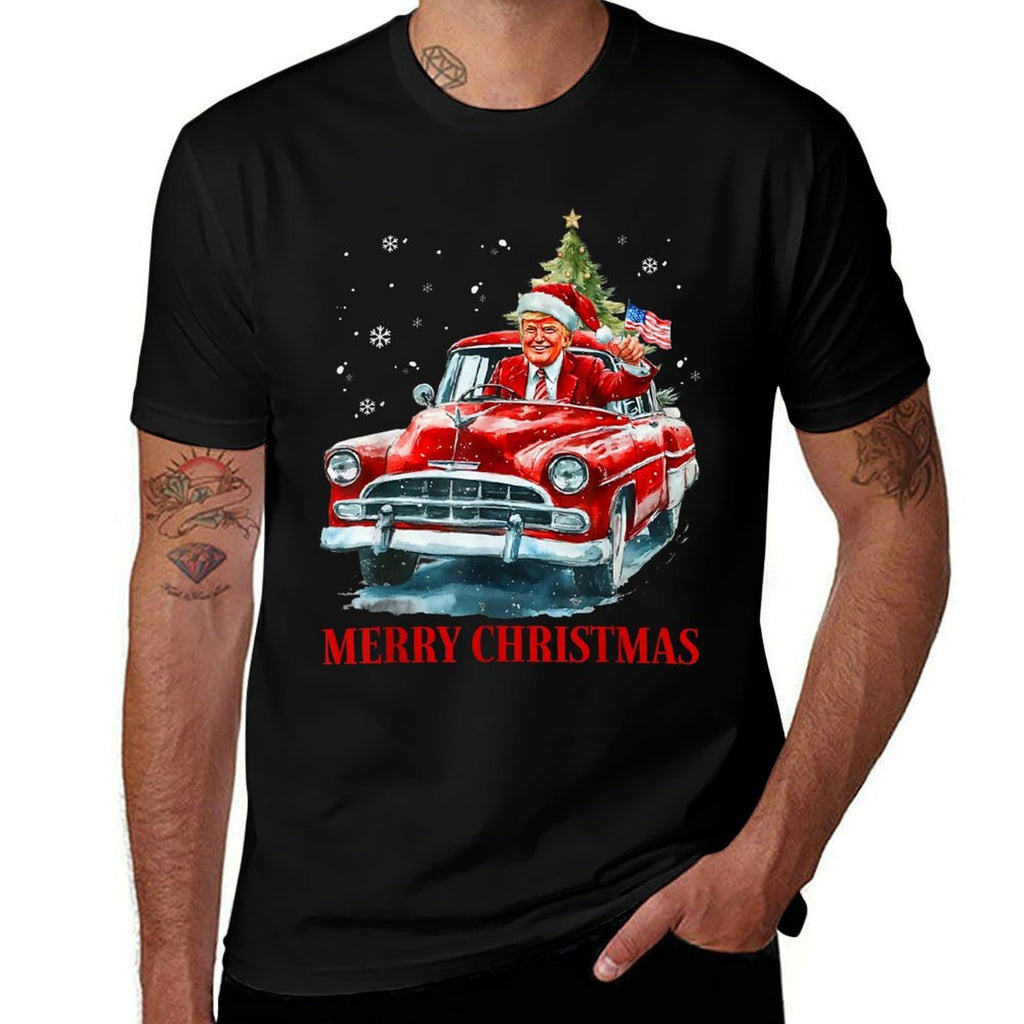 Funny Santa Trump Riding Red Truck Merry Christmas Xmas 2025  Trendy Pattern T-Shirt