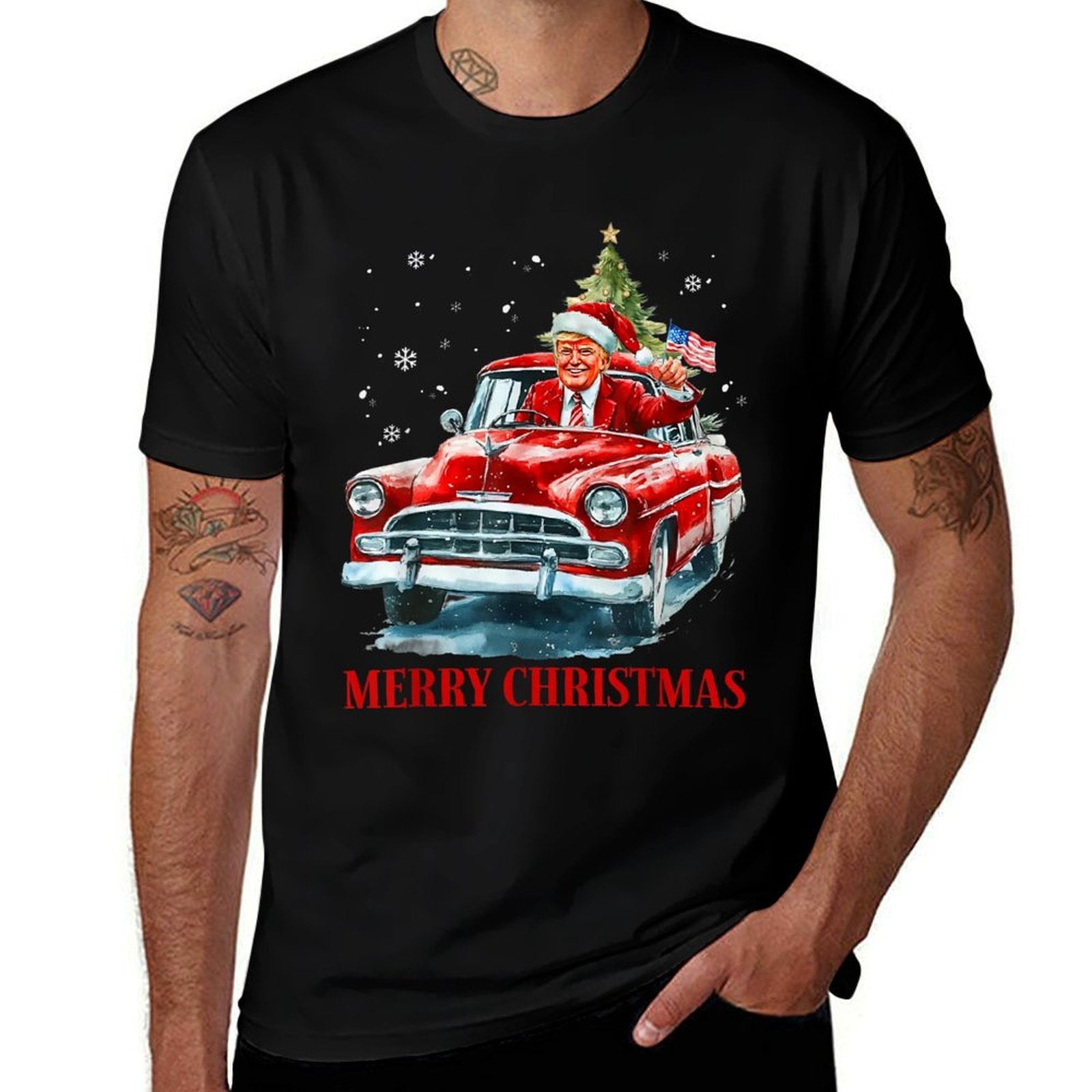 Funny Santa Trump Riding Red Truck Merry Christmas Xmas 2025  Trendy Pattern T-Shirt