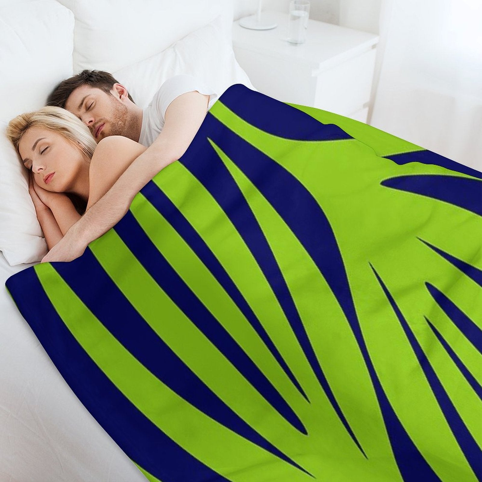 Maldives Abstract Leaves Pattern in Lime Green And Bright Navy Blue Travel-friendly Throw Blanket