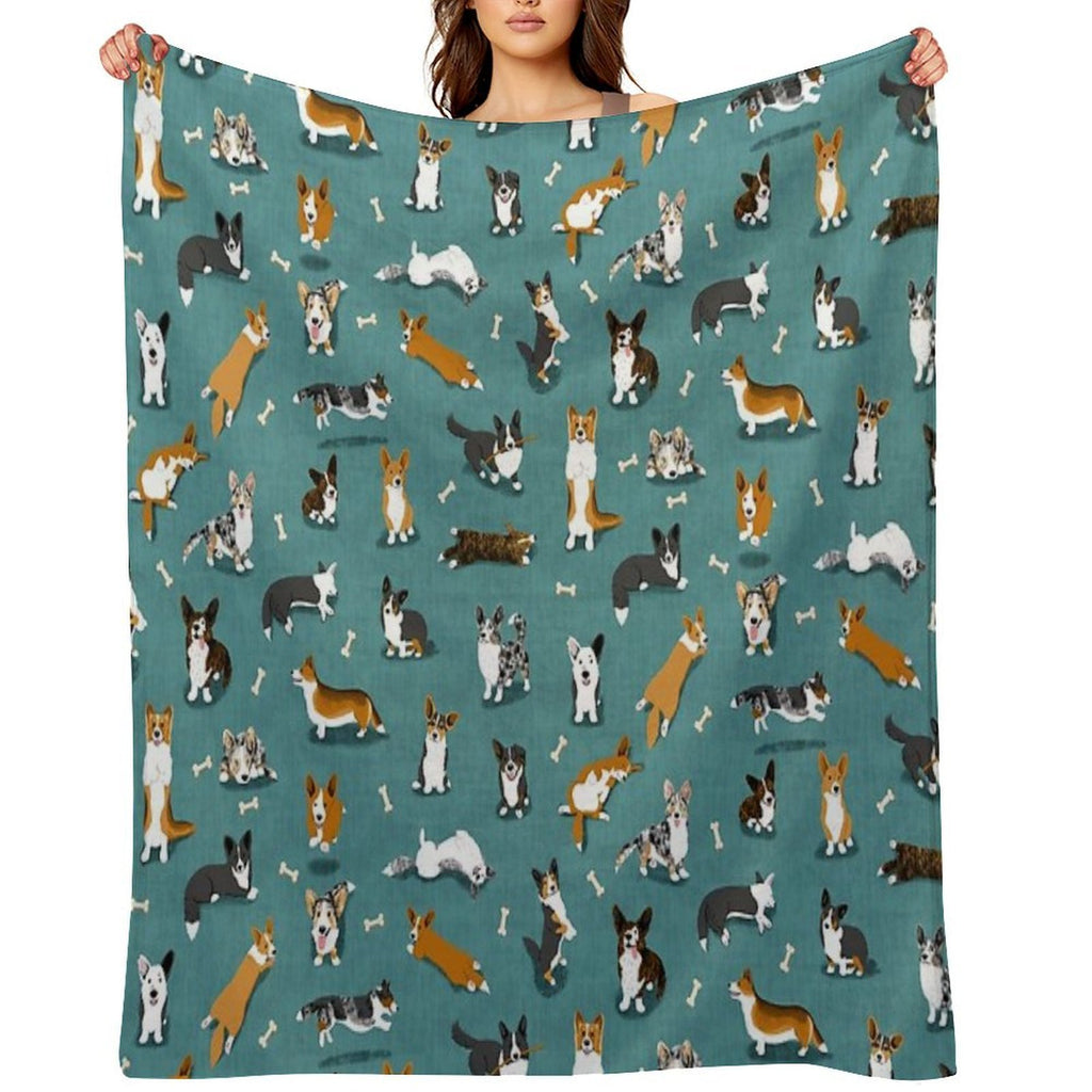 Cardigan Corgi Pattern on Teal Quick-dry Throw Blanket