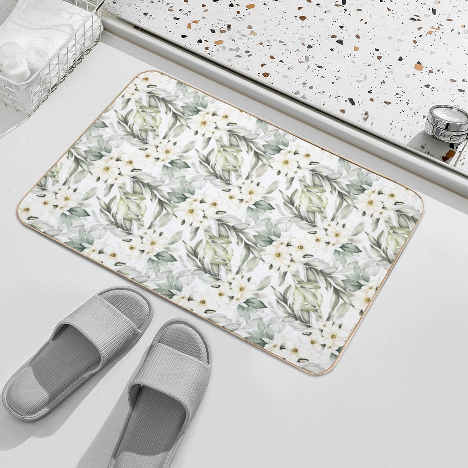 Green Leaves And Flower Blossom Pattern  Dirt-Trapping Bath Mat