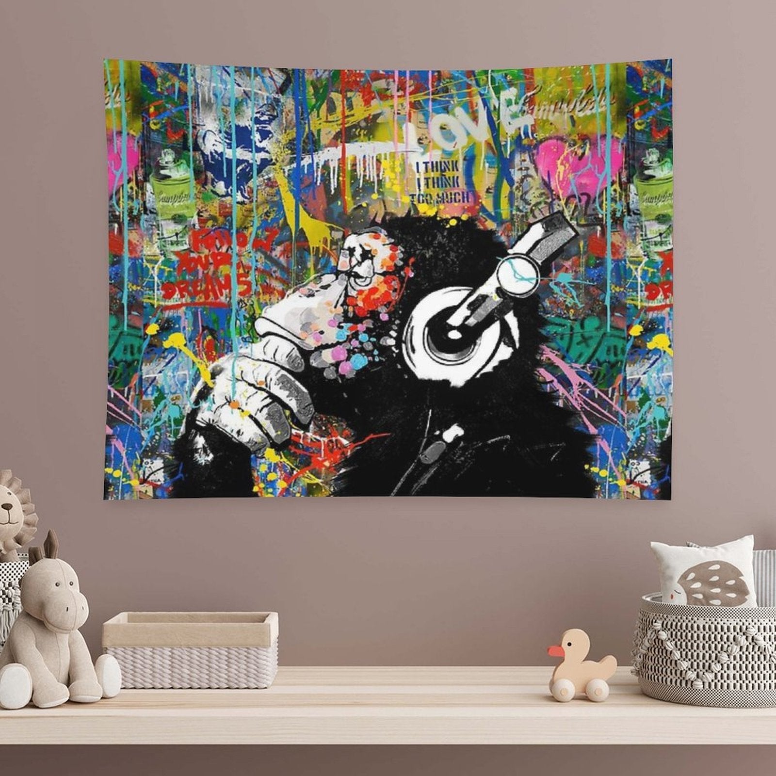 Monkey Thinker - Banksy Urban Contemporary Colorful Street Art -  DJ Chimp Tapestry