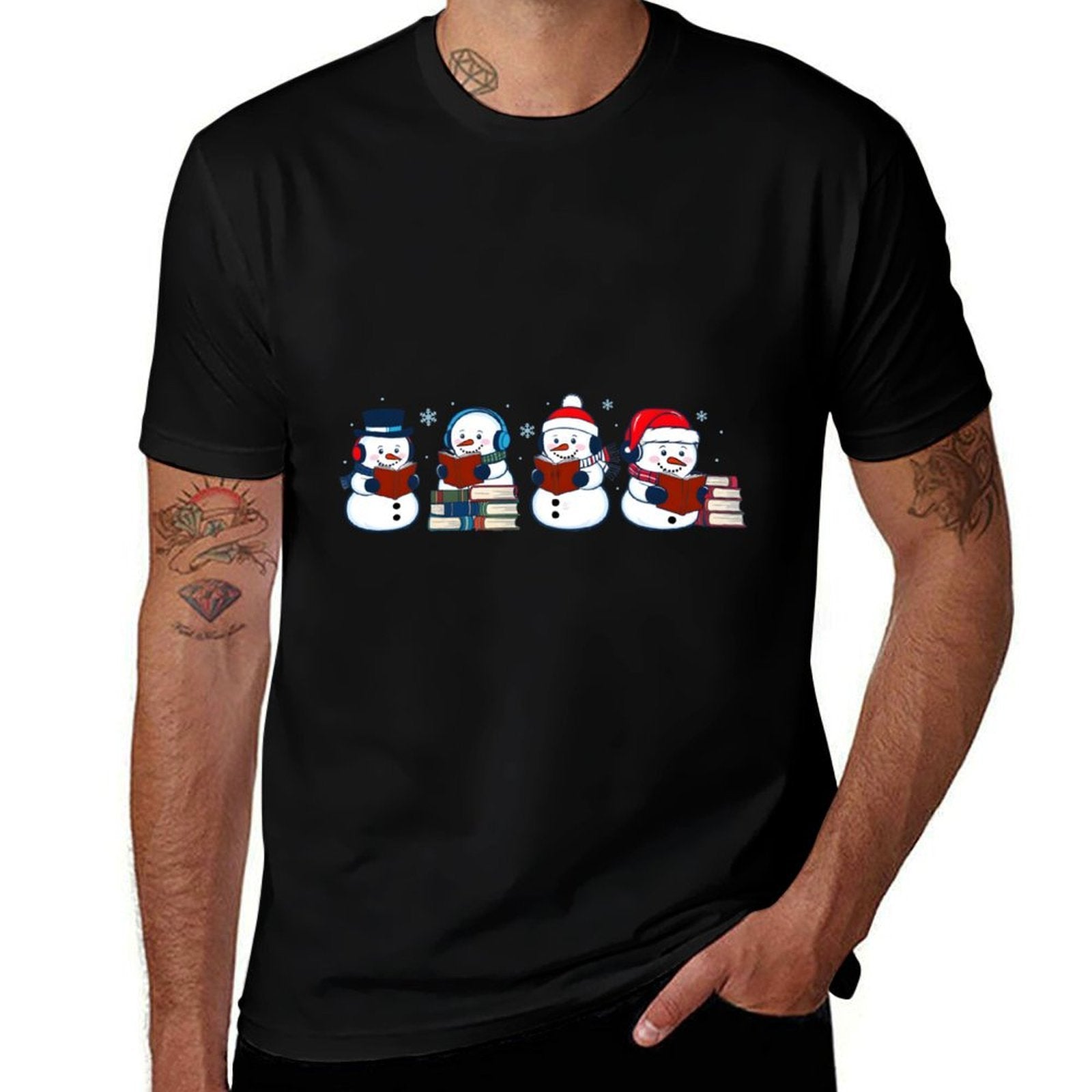 Snowman Reading Books Teacher Librarian Bookworm Christmas  Easy-care T-Shirt