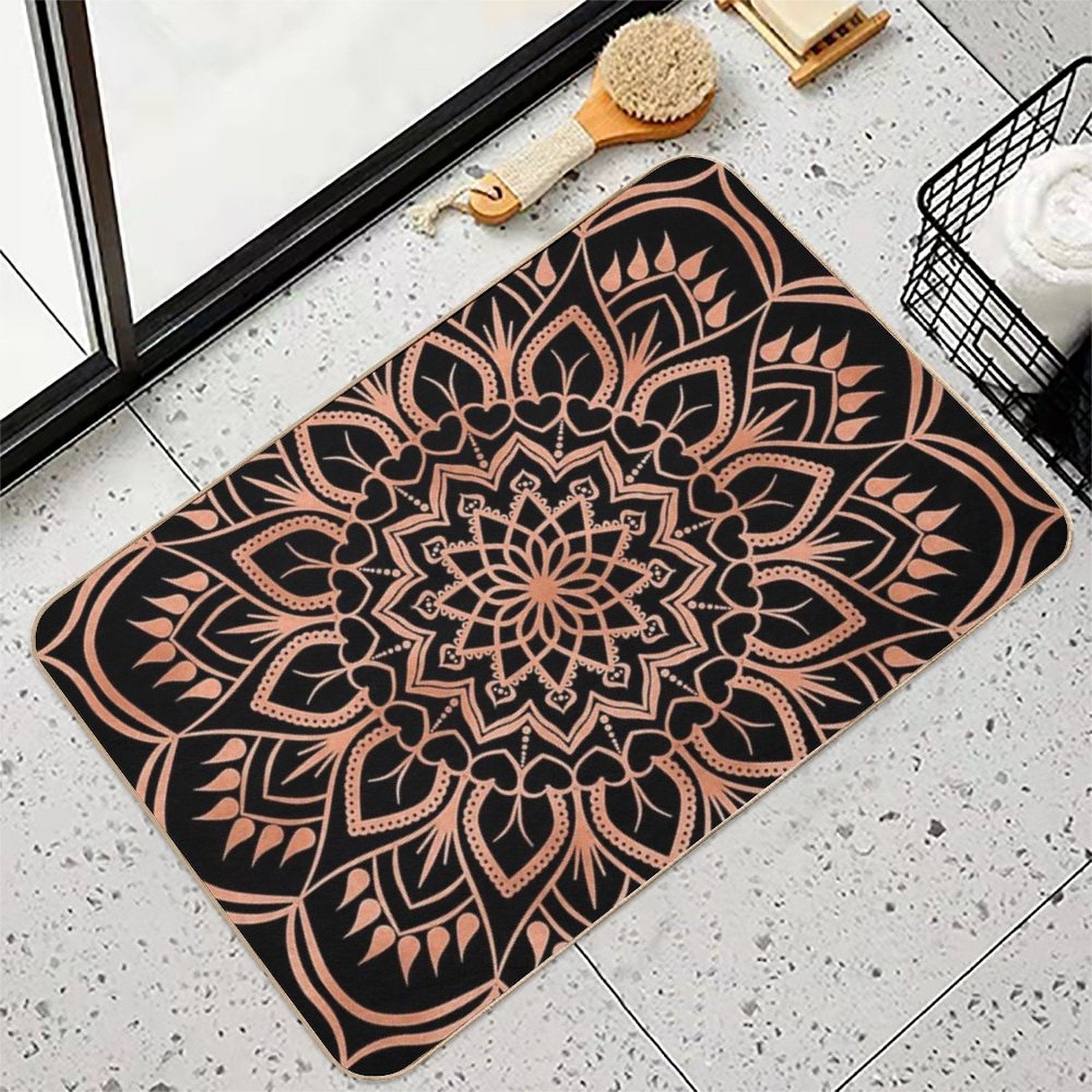 Rose Gold Mandala Pattern - Black  Rapid-Drying Bath Mat