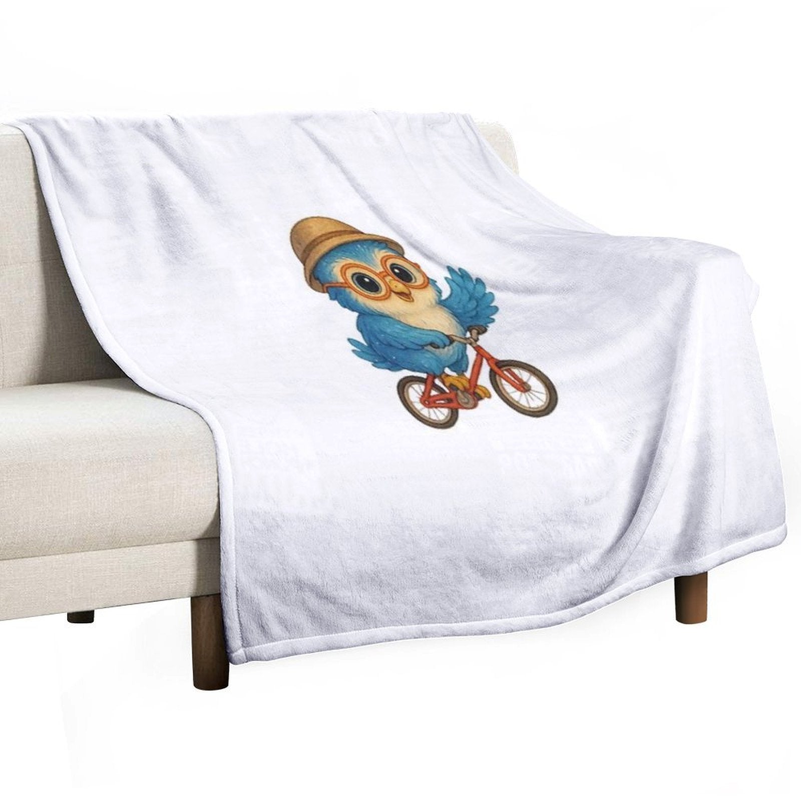 Cute Blue Owl Riding A Bicycle – Kawaii Cartoon Animal Adventure Sustainable Throw Blanket