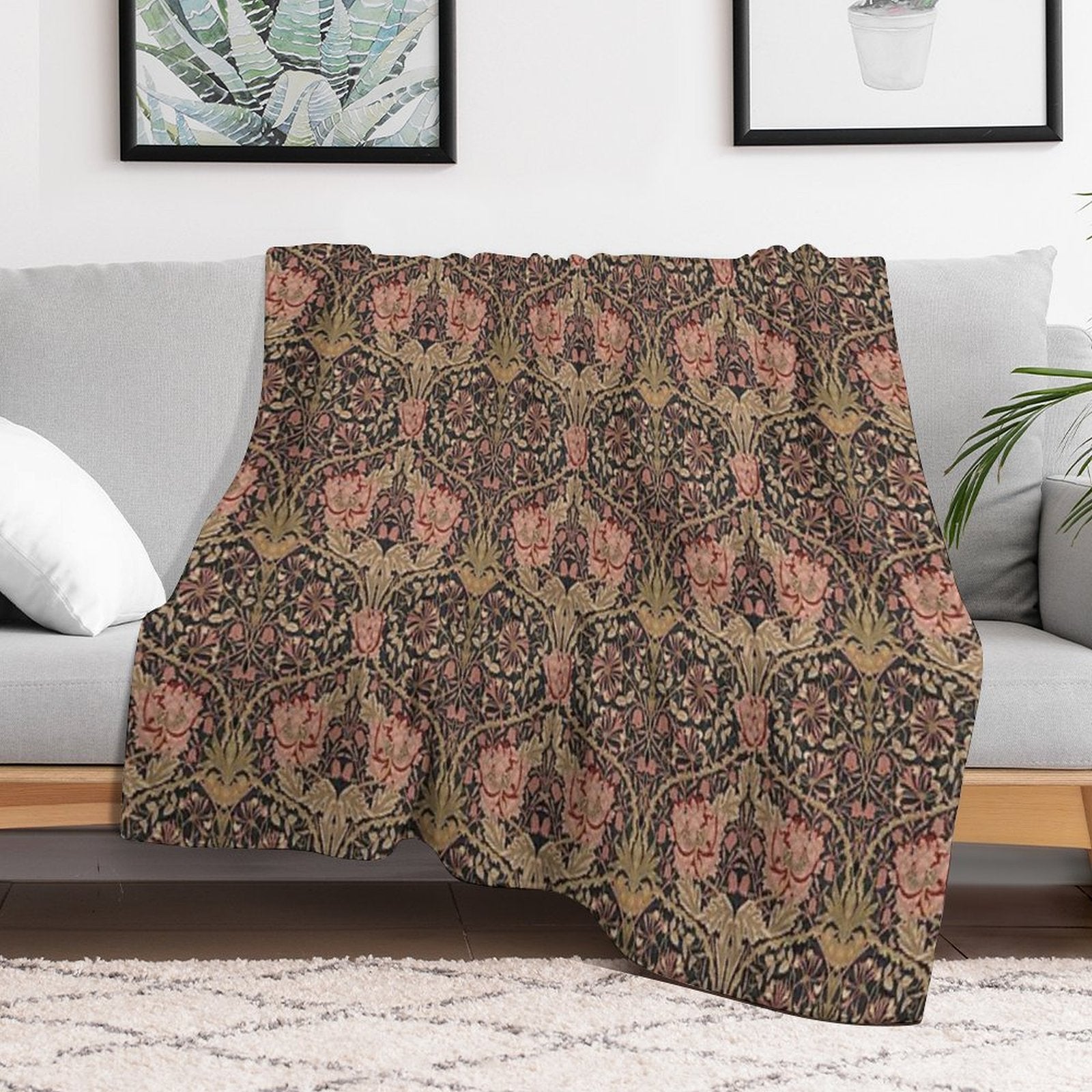 Honeysuckle Trellis Rich Black William Morris Pattern Gift-ready Throw Blanket