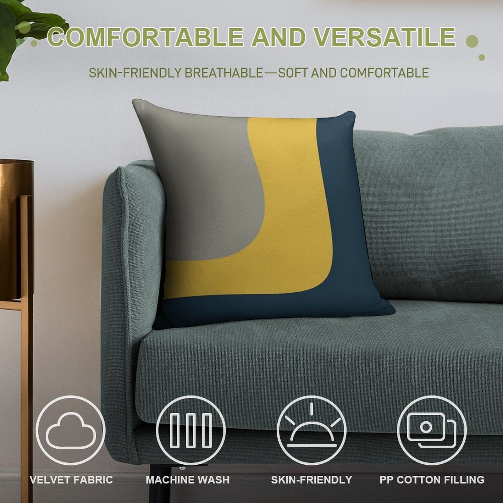 Triple Wave Minimalist Pattern in Mustard Yellow, Navy Blue, And Grey Soft Fade-Resistant Throw Pillow