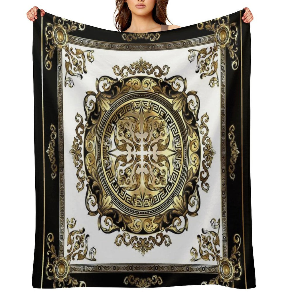 Ornate Baroque White Gold Black Greek Key Meander Compact Throw Blanket