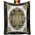 Ornate Baroque White Gold Black Greek Key Meander Compact Throw Blanket