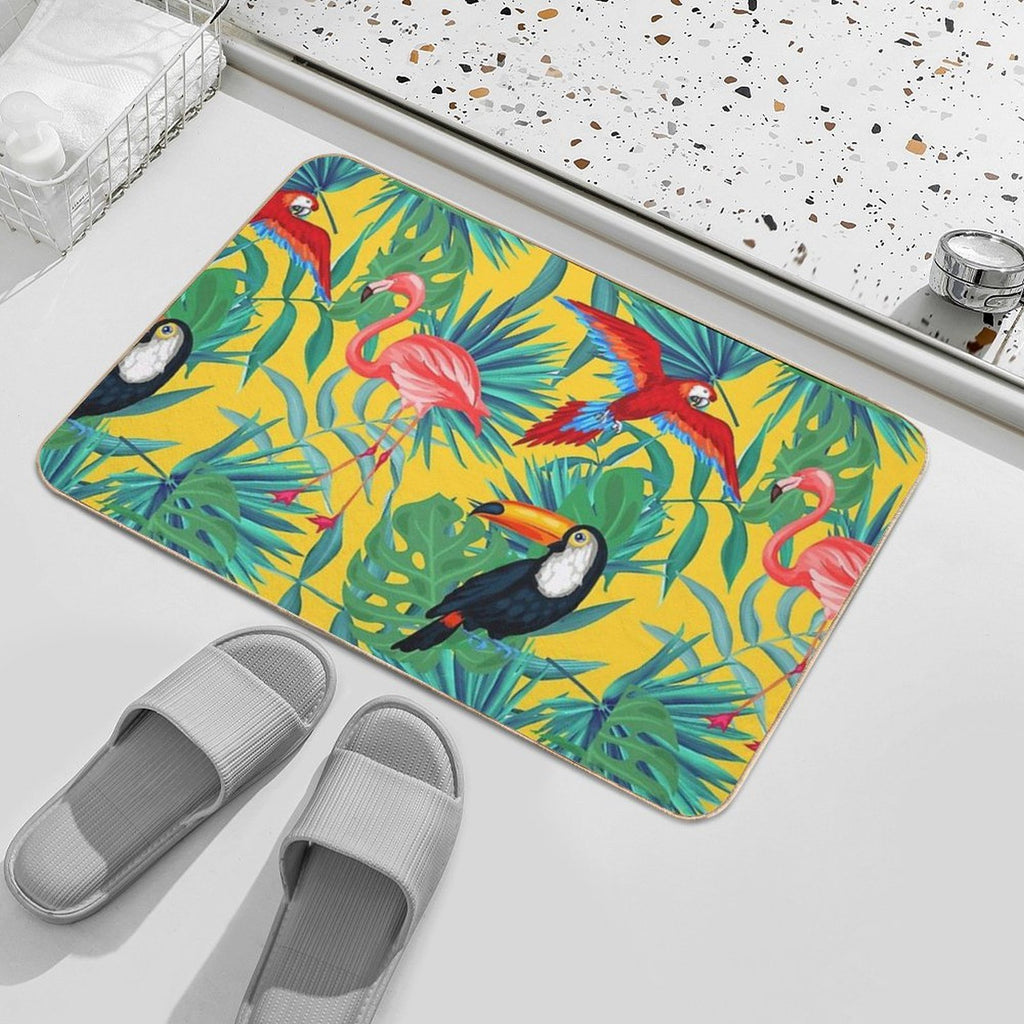 Tropical Bird Yellow Background  Absorbent Bath Mat