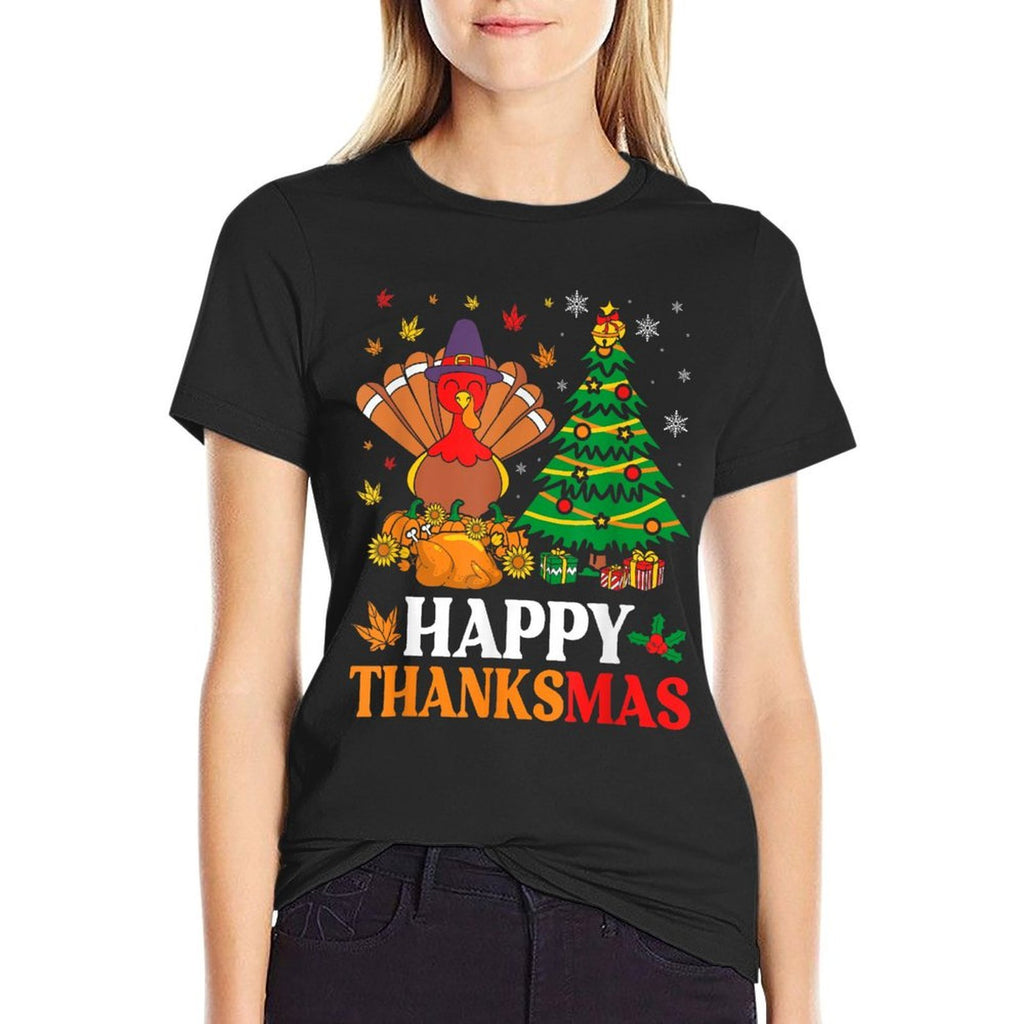 Happy Thanksmas Christmas Thanksgiving Funny Turkey  Cotton T-Shirt