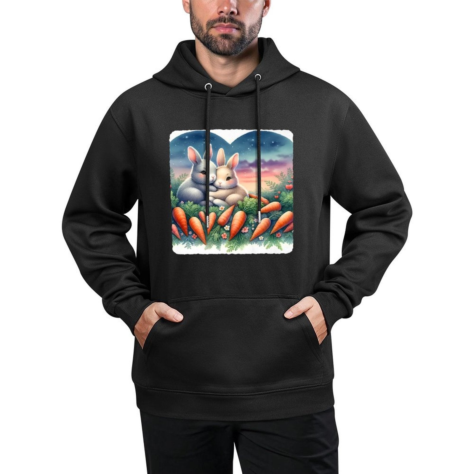 Rabbits Snuggle Among Heart-Carrots, Dusk Premium Adjustable Hood Hoodie