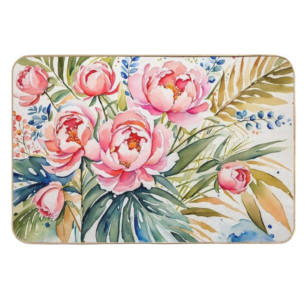 Beautiful Flower And Plant in Loose Watercolor Painting - Monstera Leaves- Blue Purple Peach Hydrangea, Hortensia, Peony And Ros  Non-Slip Bath Mat