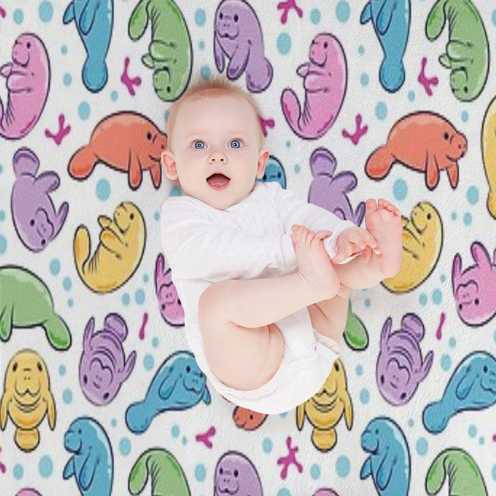 Cute Manatee Pattern - Colorful Underwater Pattern Travel-friendly Throw Blanket