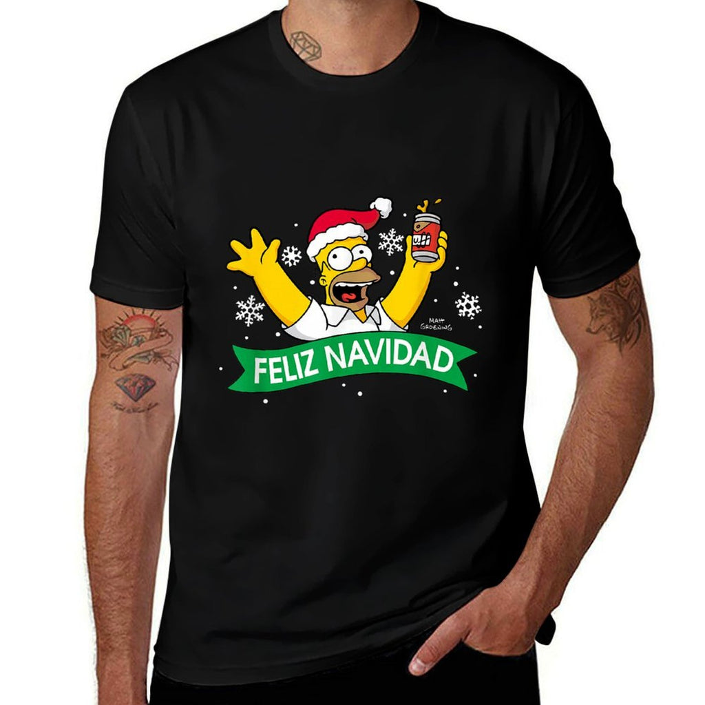 The Simpsons Christmas Feliz Navidad Cheering Homer Portrait  Trendy Pattern T-Shirt
