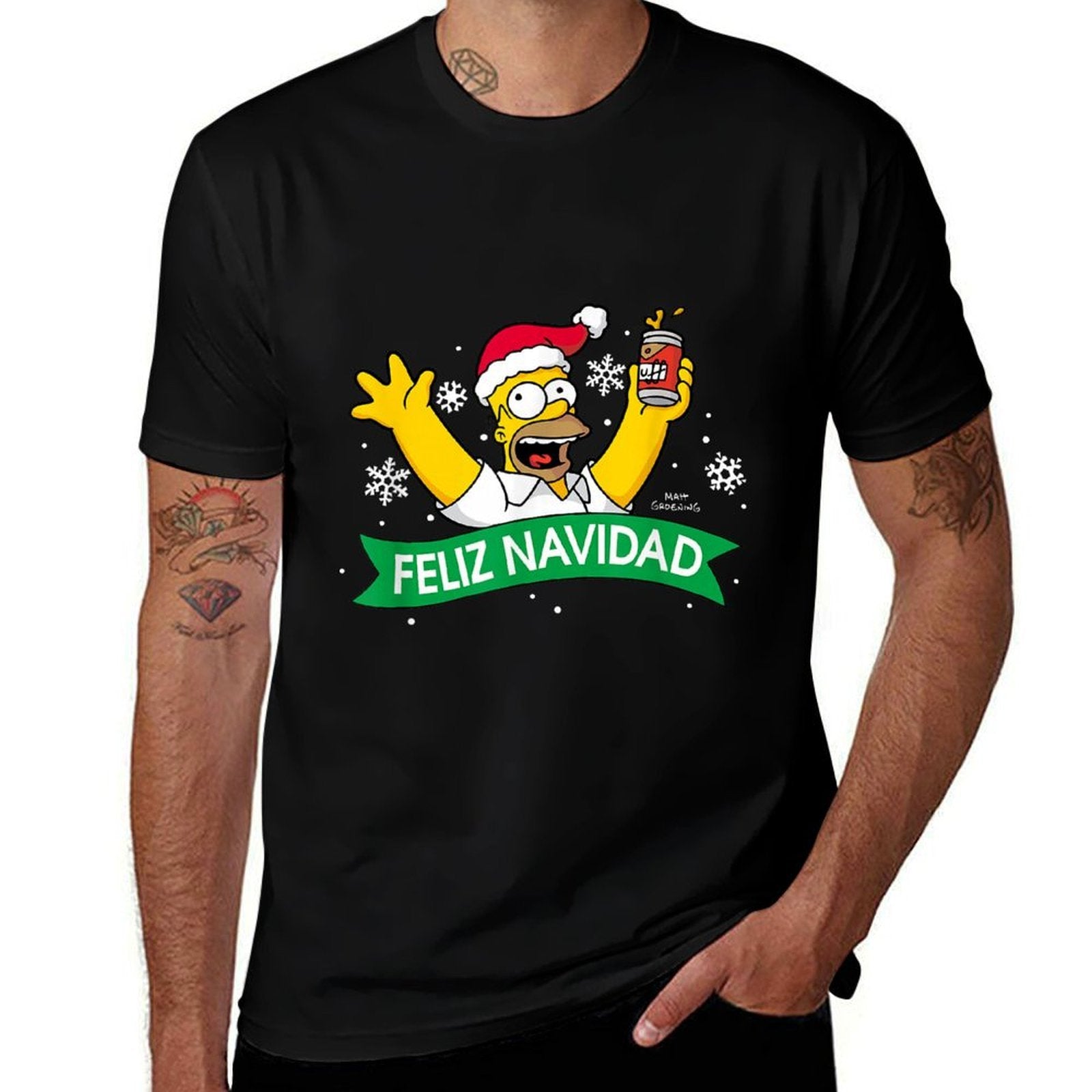 The Simpsons Christmas Feliz Navidad Cheering Homer Portrait  Trendy Pattern T-Shirt