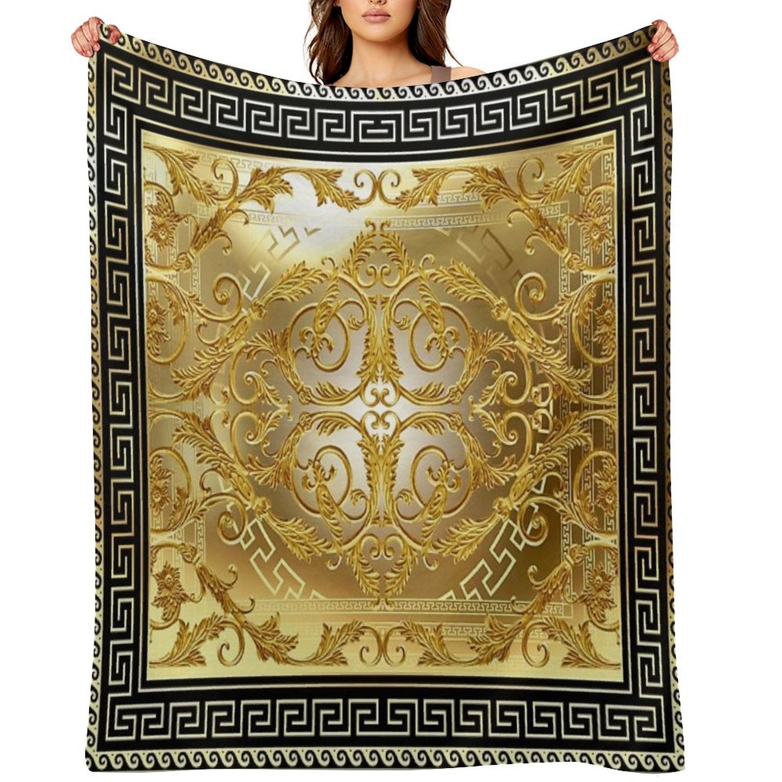 Ornate Baroque Gold Black Greek Keys Meander Sustainable Throw Blanket