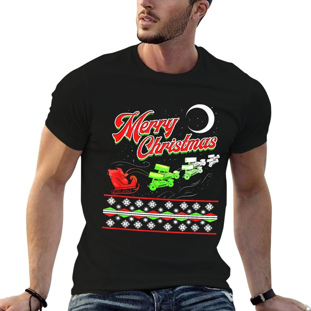 Sprint Car Racing Christmas Santa Sleigh Motorsports  Heathered Texture T-Shirt
