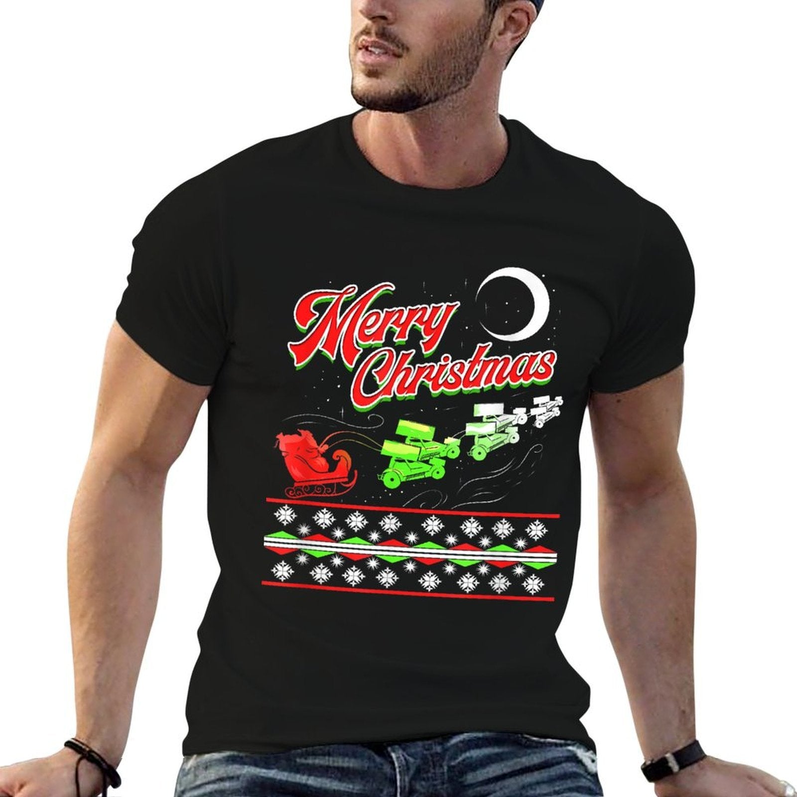 Sprint Car Racing Christmas Santa Sleigh Motorsports  Heathered Texture T-Shirt