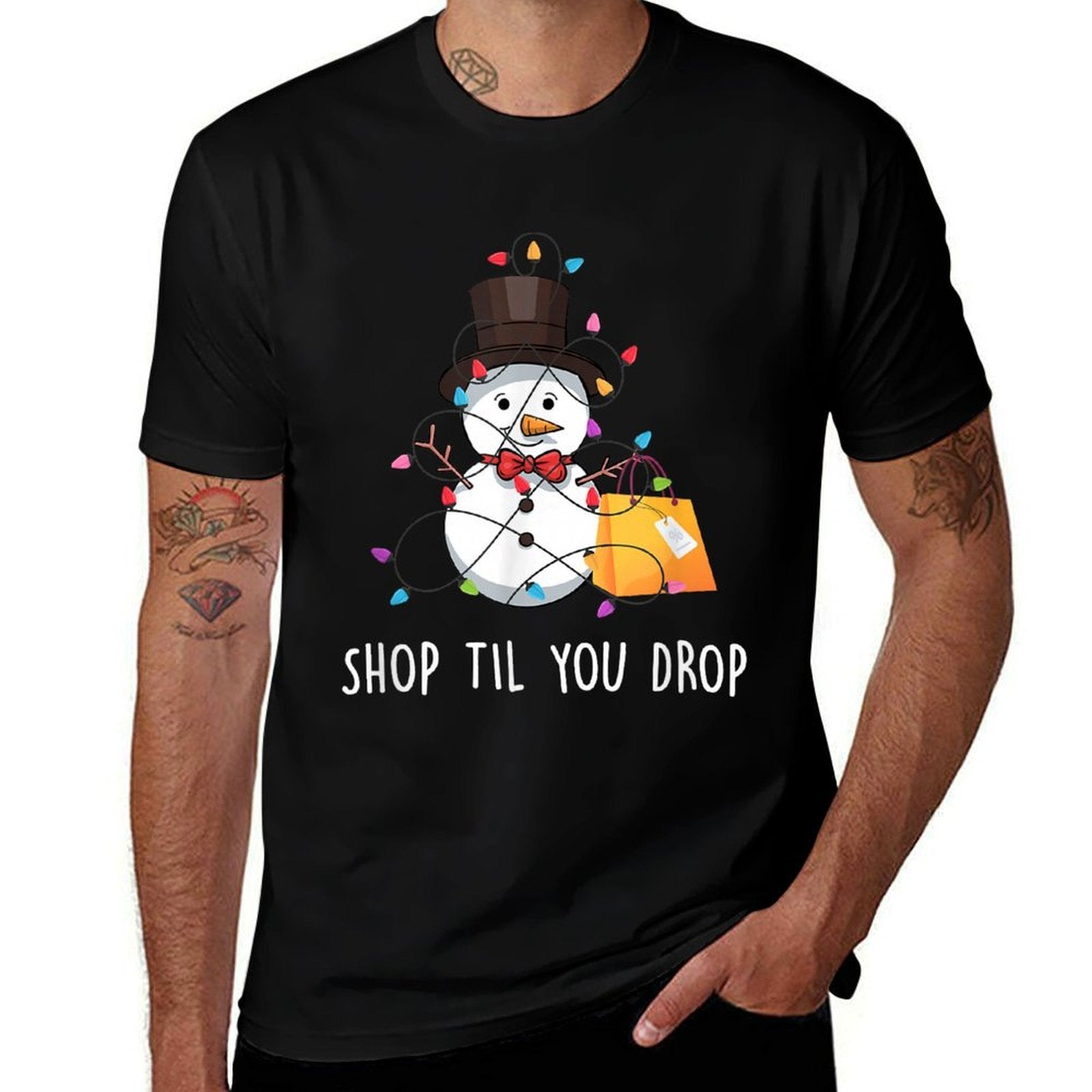 Shop Til You Drop Apparel Merry Christmas Snowman Shopping  Summer-ready Fabric T-Shirt