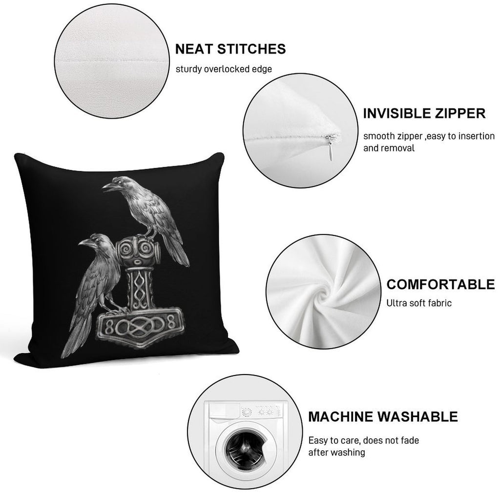 Thor Hammer Mjölnir with Odin Ravens Hugin And Munin Soft Easy Maintenance Throw Pillow