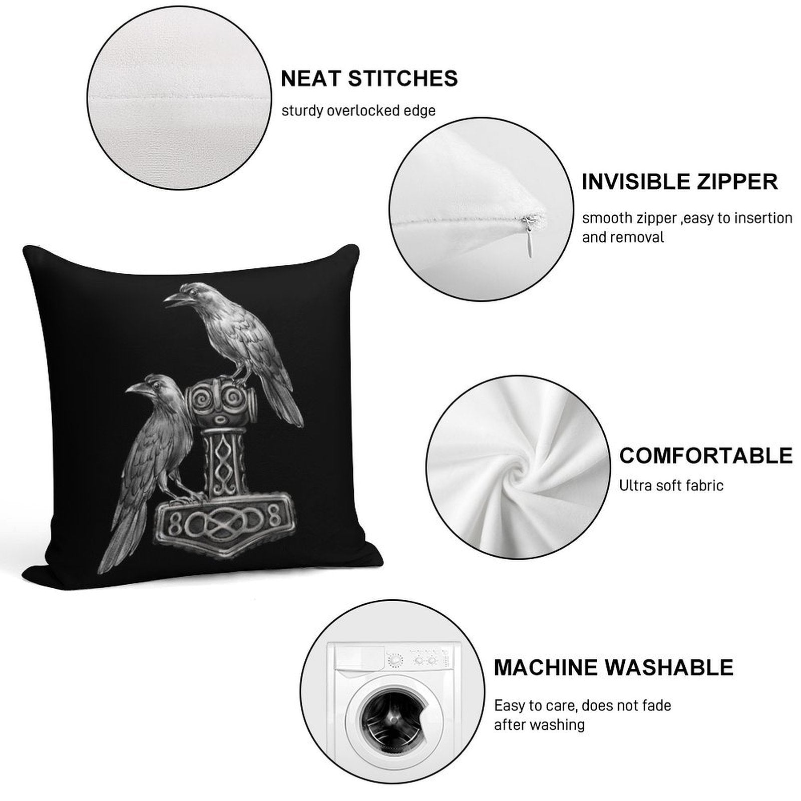 Thor Hammer Mjölnir with Odin Ravens Hugin And Munin Soft Easy Maintenance Throw Pillow