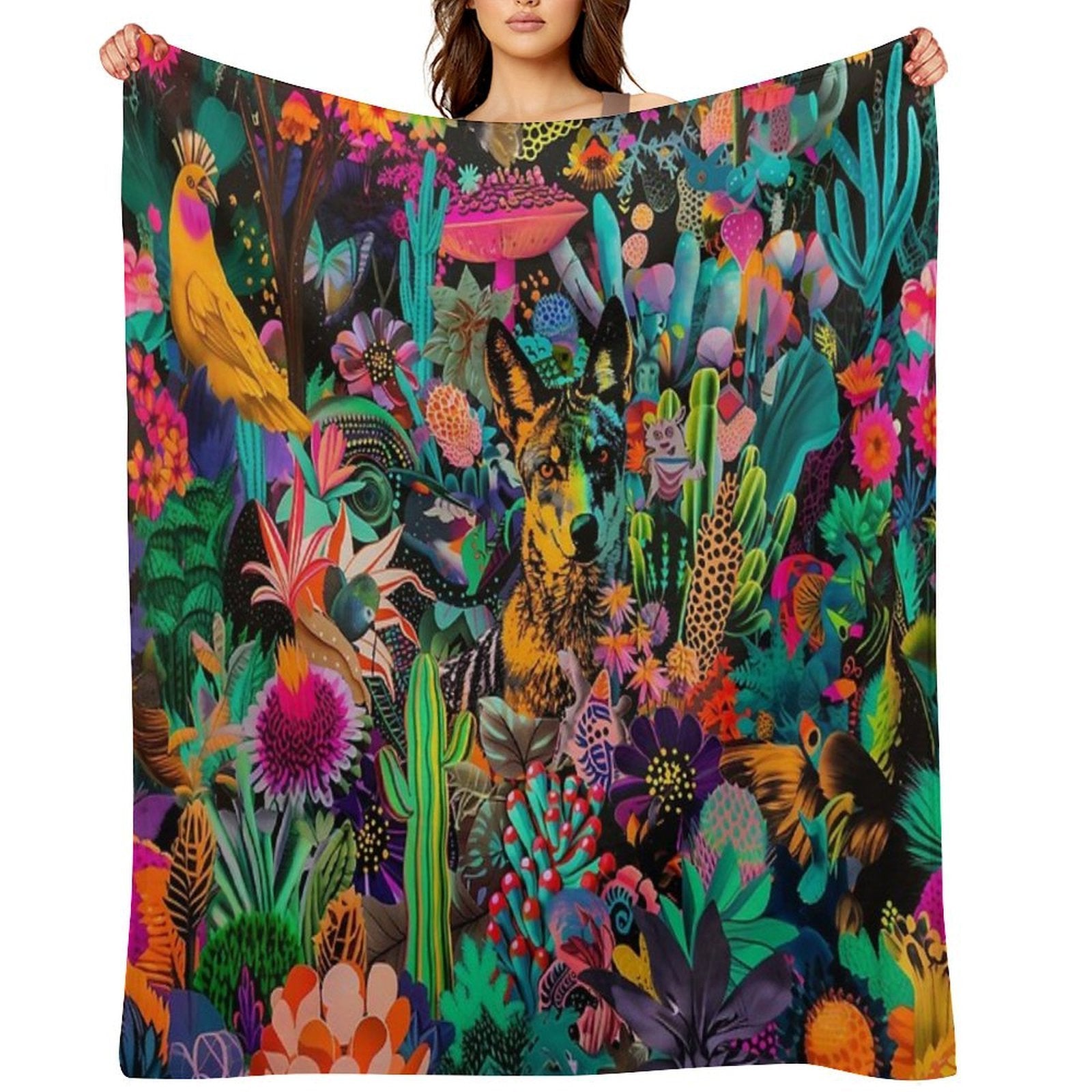 Vibrant Coyote Collage Art in A Botanical Wonderland Versatility Throw Blanket