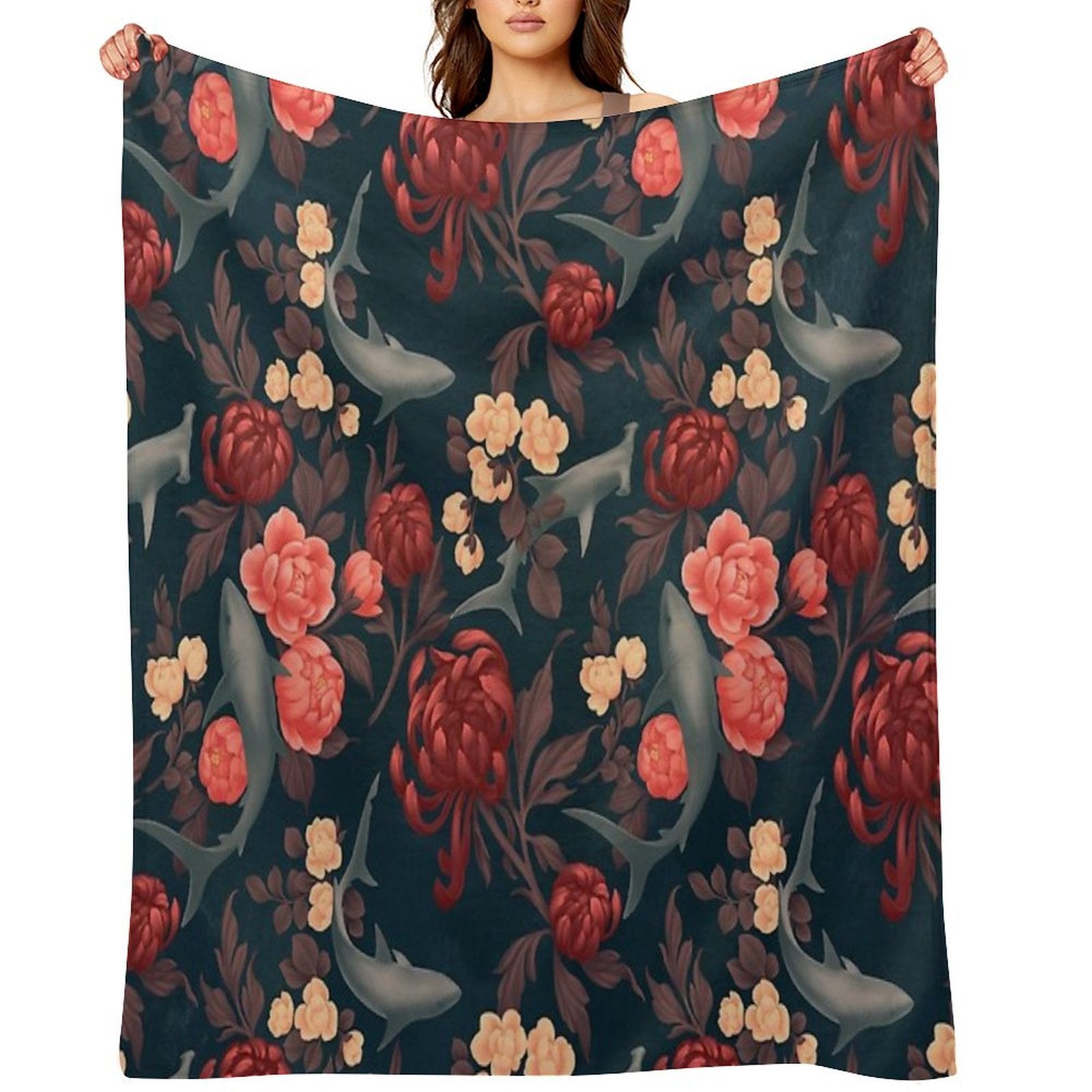 Botanical Shark (Red And Blue) Quick-dry Throw Blanket