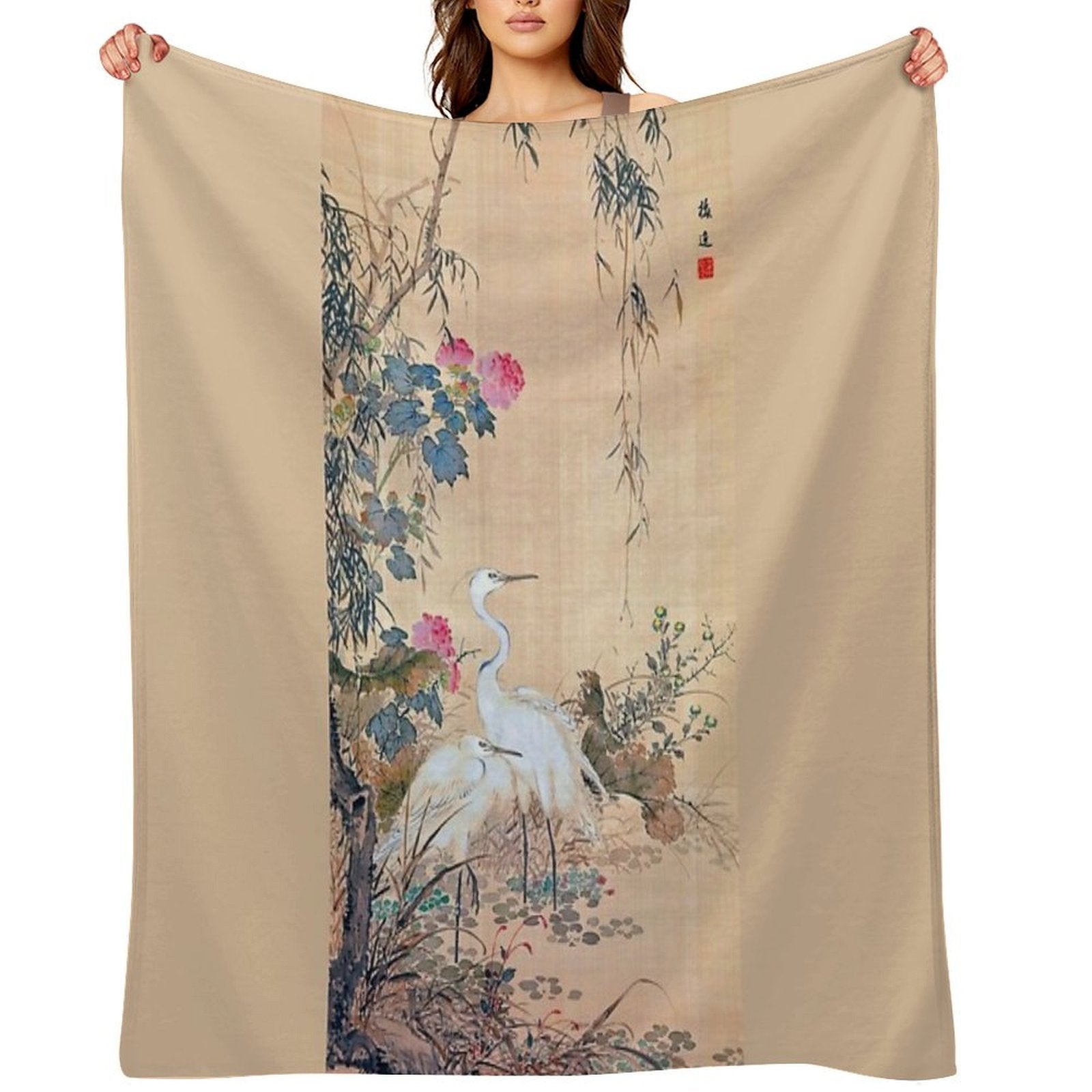 Egrets, Peonies, And Willows (Restored Japanese Artwork) Machine-washable Throw Blanket