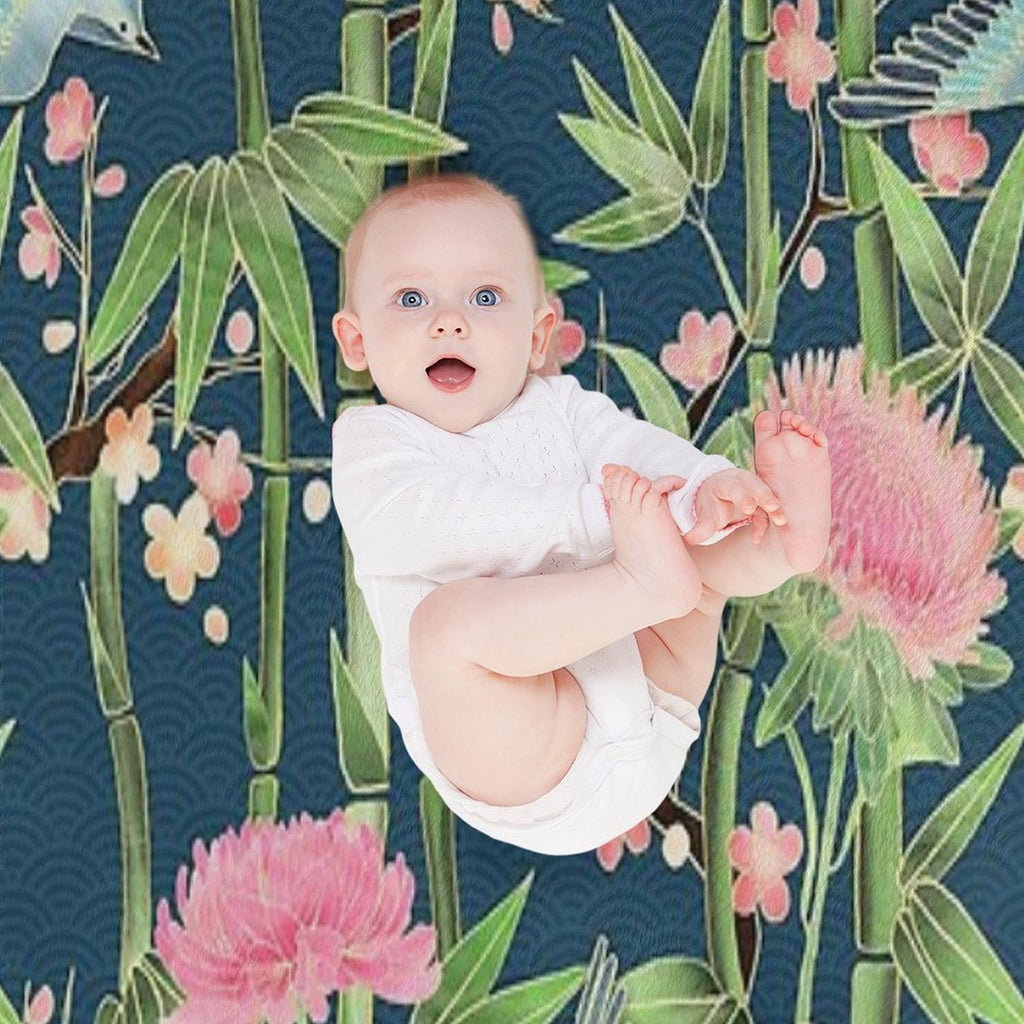 Bamboo, Birds And Blossom - Dark Teal Velvety-soft Throw Blanket