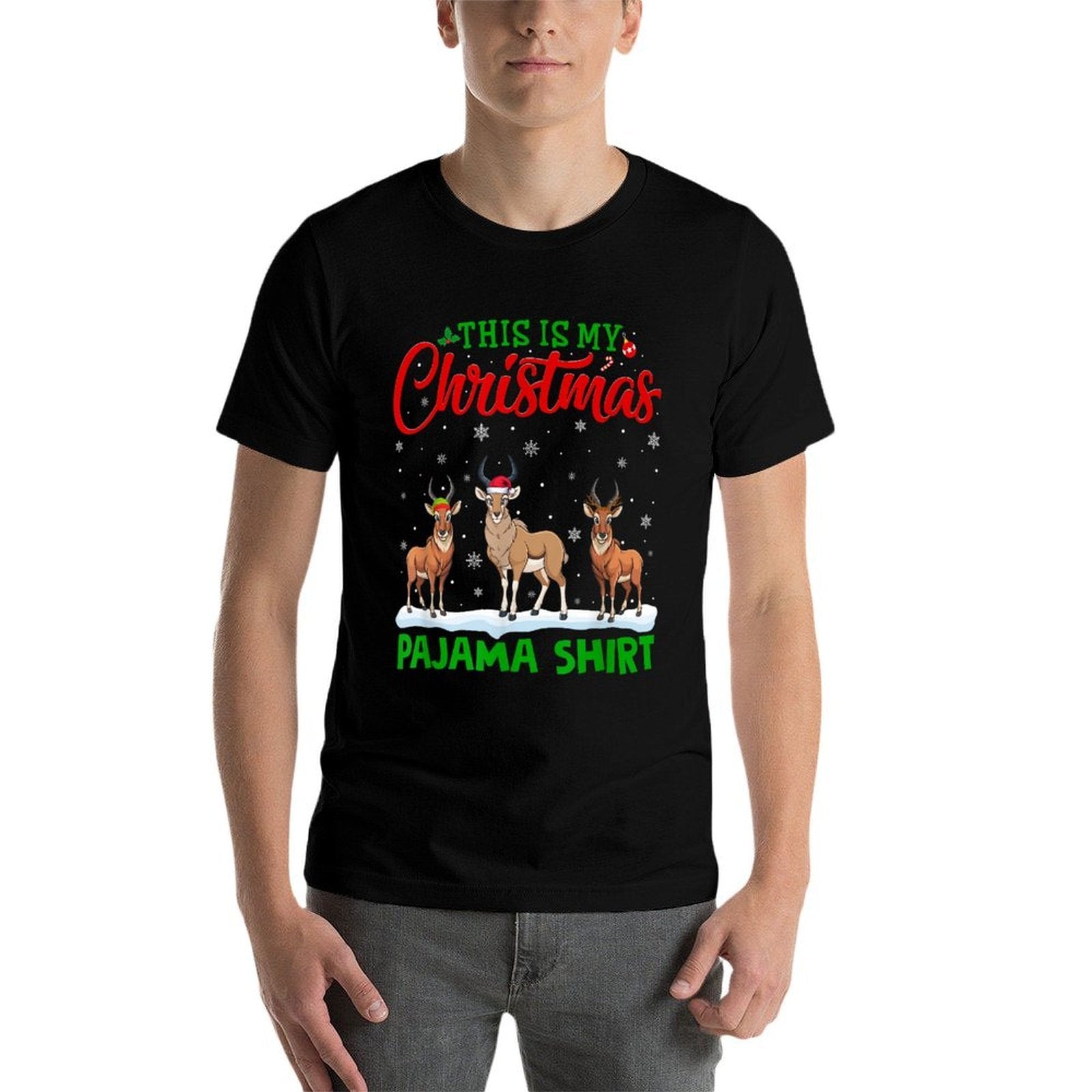 Xmas Santa Hat Reindeer Antelope Christmas Pajama  Versatile T-Shirt