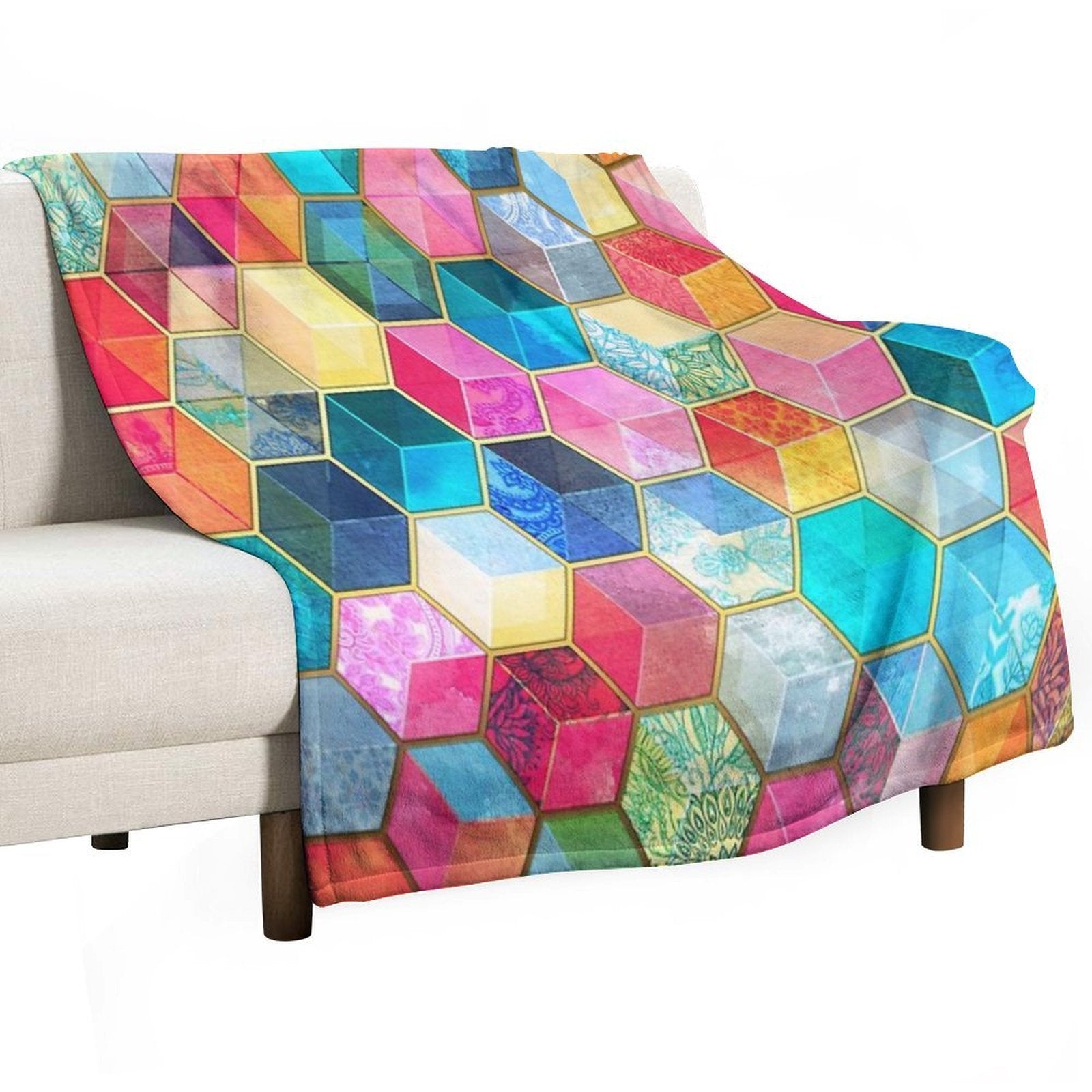 Crystal Bohemian Honeycomb Cubes - Colorful Hexagon Pattern Gift-ready Throw Blanket