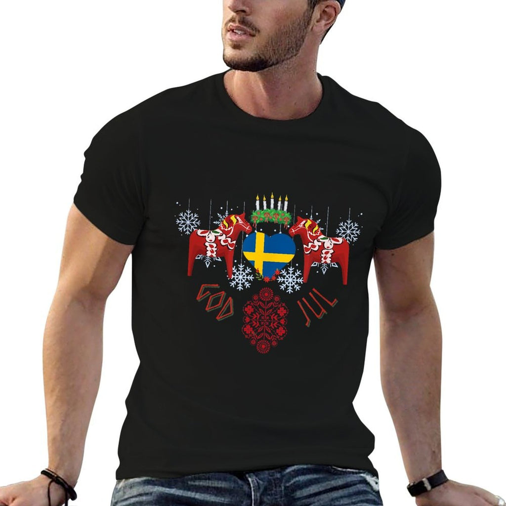God Jol Sweden Flag Swedish Dala Horse Christmas Santa Lucia  Eco-friendly Material T-Shirt
