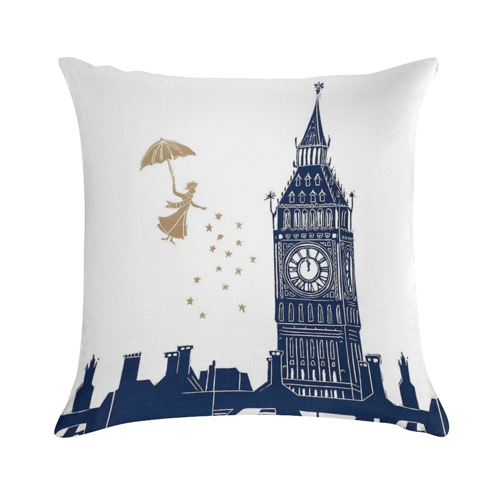 Mary Poppins And Big Ben Linocut Soft Shrink-Resistant Throw Pillow