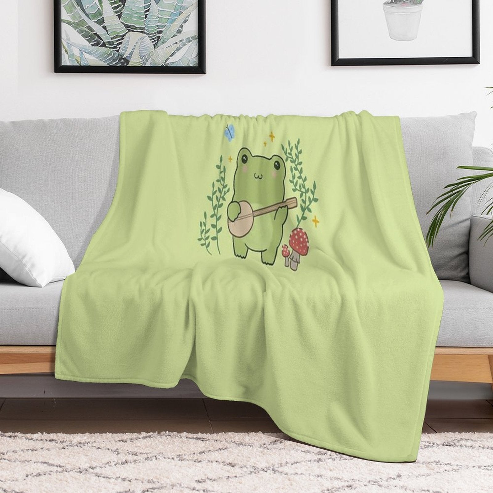 Kawaii Frog Playing Banjo Toad Cottagecore Aesthetic Mushroom And Blue Butterfly Easy Care Throw Blanket