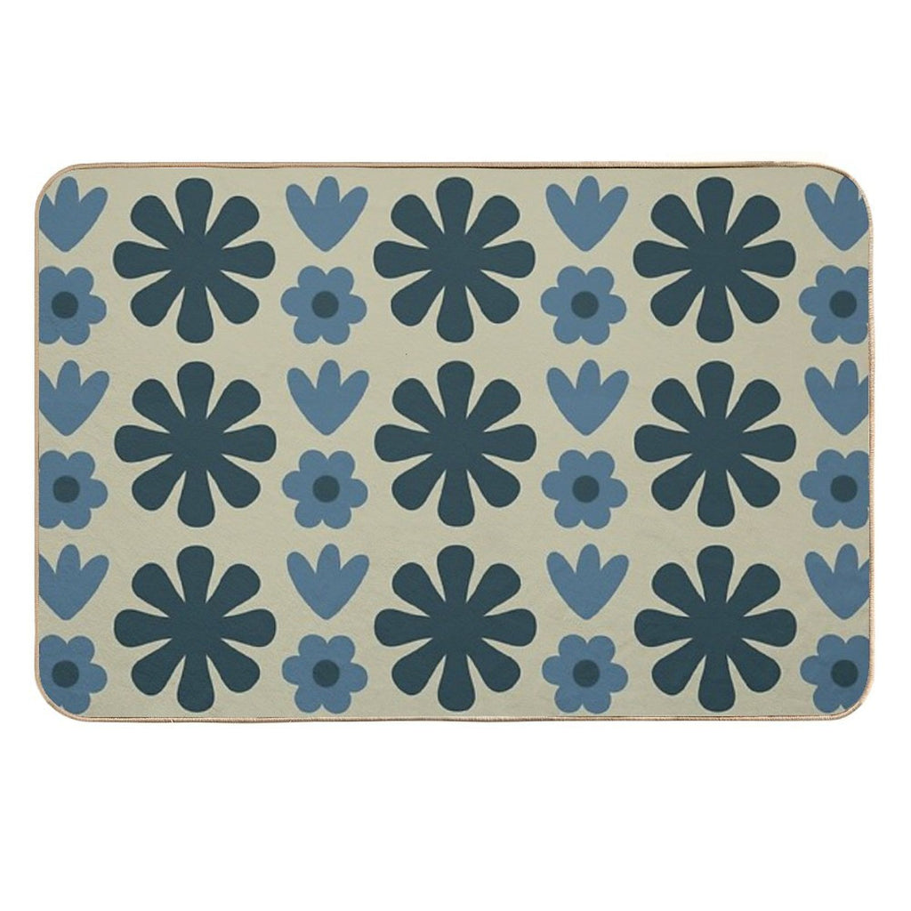 Scandi Floral Grid Retro Pattern in Vintage Blue And Beige  Absorbent Bath Mat