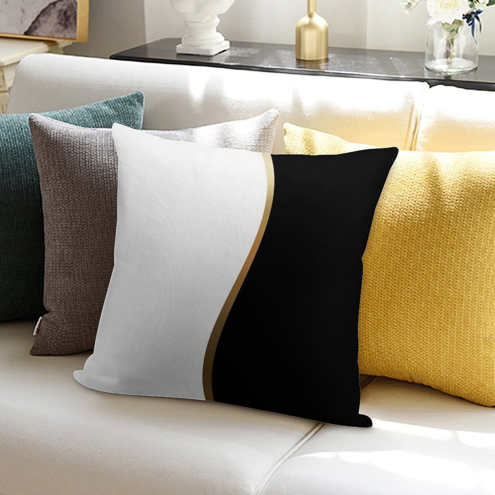 Black And White, Gold Wave Soft Home Decor Throw Pillow