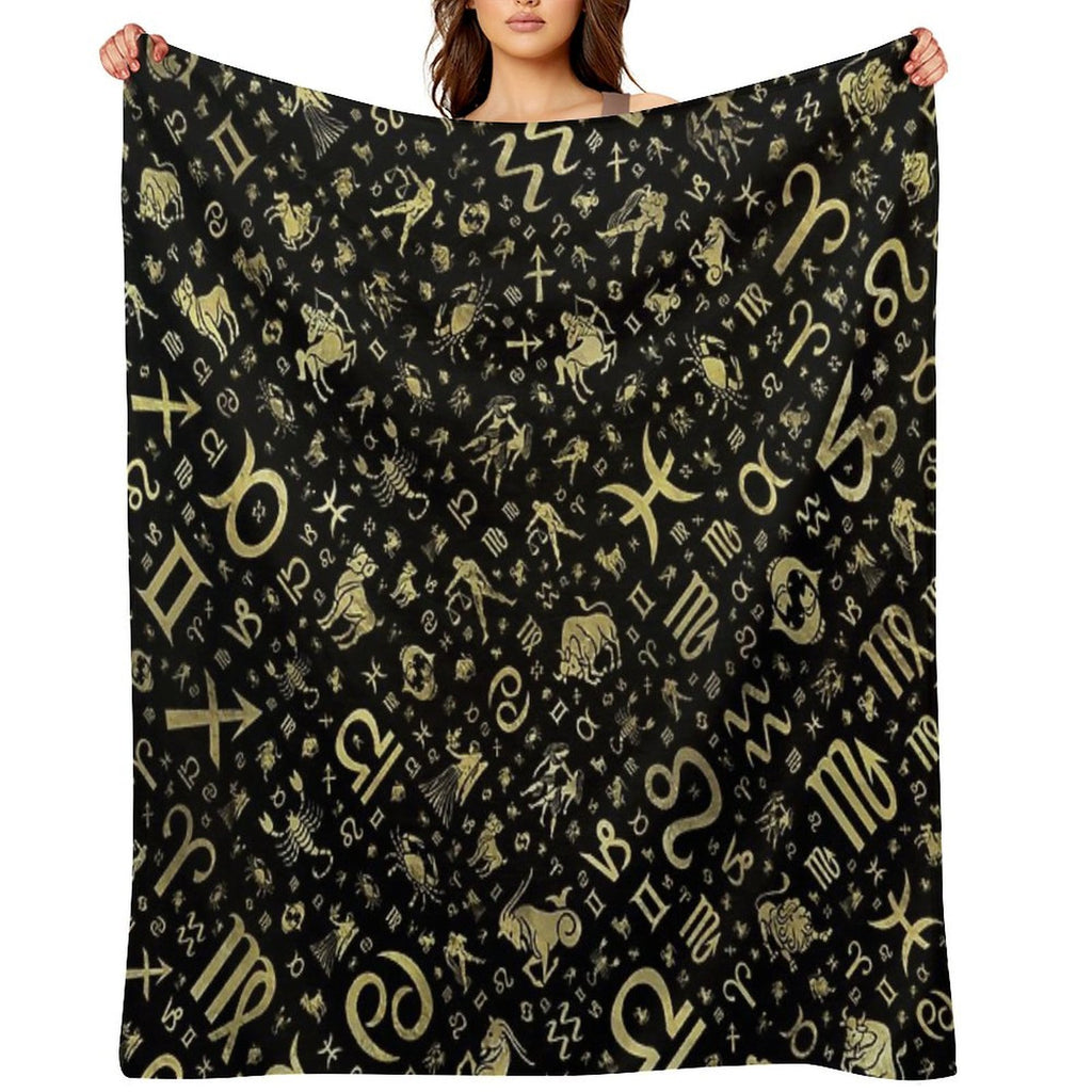Zodiac Symbols And Glyphs Gold on Black Easy Care Throw Blanket